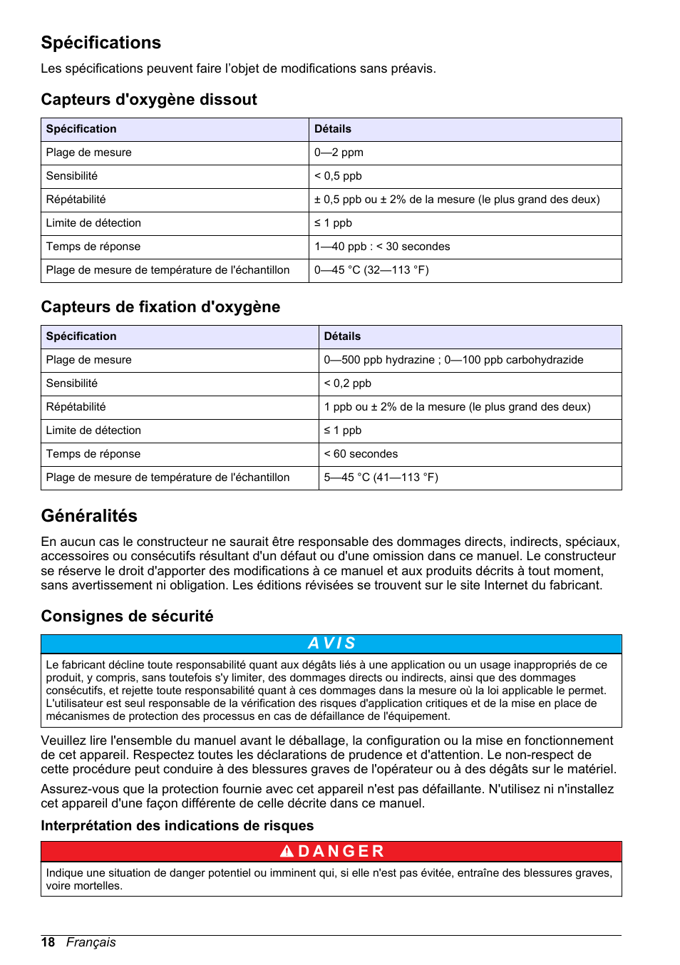 Manuel d'utilisation, Spécifications, Capteurs d'oxygène dissout | Capteurs de fixation d'oxygène, Généralités, Consignes de sécurité, Interprétation des indications de risques, Français | Hach-Lange POLYMETRON 9500 Amperometry Module User Manual User Manual | Page 18 / 60