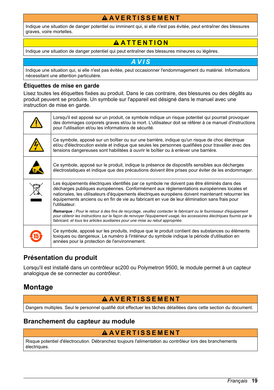 Étiquettes de mise en garde, Présentation du produit, Montage | Branchement du capteur au module, A v i s | Hach-Lange POLYMETRON 9500 Amperometry Module User Manual User Manual | Page 19 / 60
