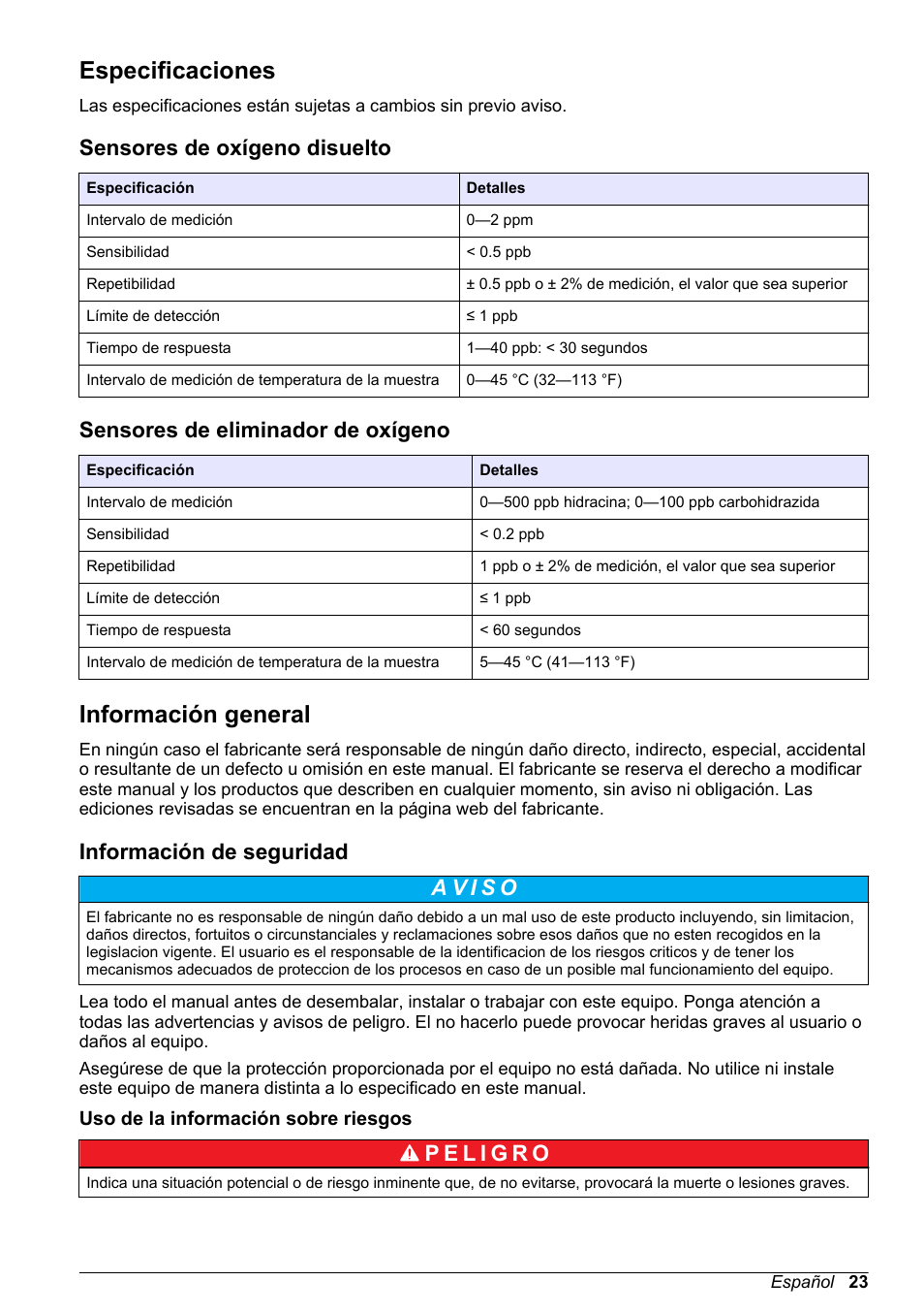 Manual de usuario, Especificaciones, Sensores de oxígeno disuelto | Sensores de eliminador de oxígeno, Información general, Información de seguridad, Uso de la información sobre riesgos, Español | Hach-Lange POLYMETRON 9500 Amperometry Module User Manual User Manual | Page 23 / 60