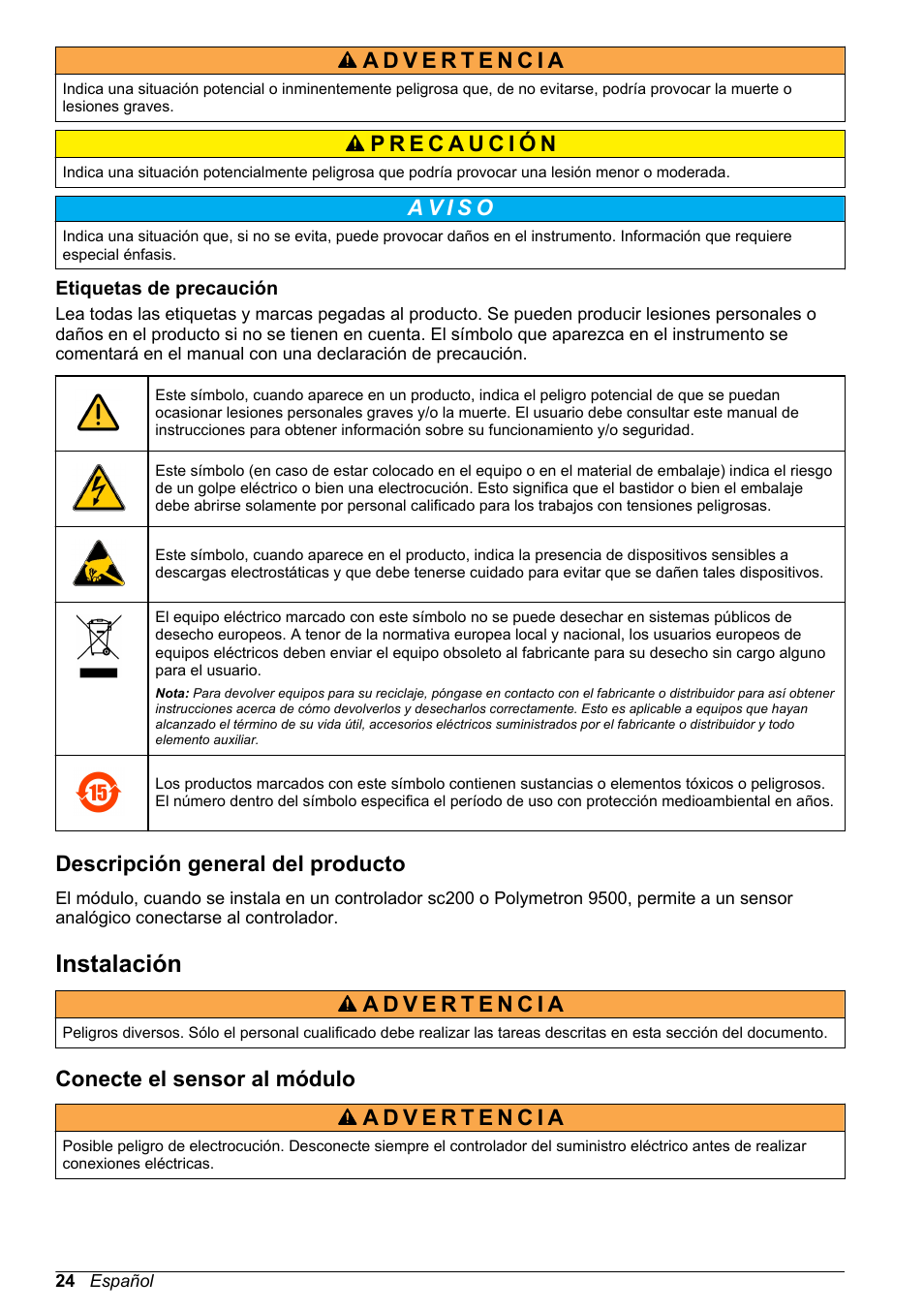 Etiquetas de precaución, Descripción general del producto, Instalación | Conecte el sensor al módulo | Hach-Lange POLYMETRON 9500 Amperometry Module User Manual User Manual | Page 24 / 60