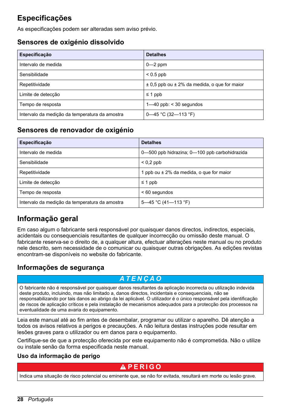 Manual do utilizador, Especificações, Sensores de oxigénio dissolvido | Sensores de renovador de oxigénio, Informação geral, Informações de segurança, Uso da informação de perigo, Português | Hach-Lange POLYMETRON 9500 Amperometry Module User Manual User Manual | Page 28 / 60