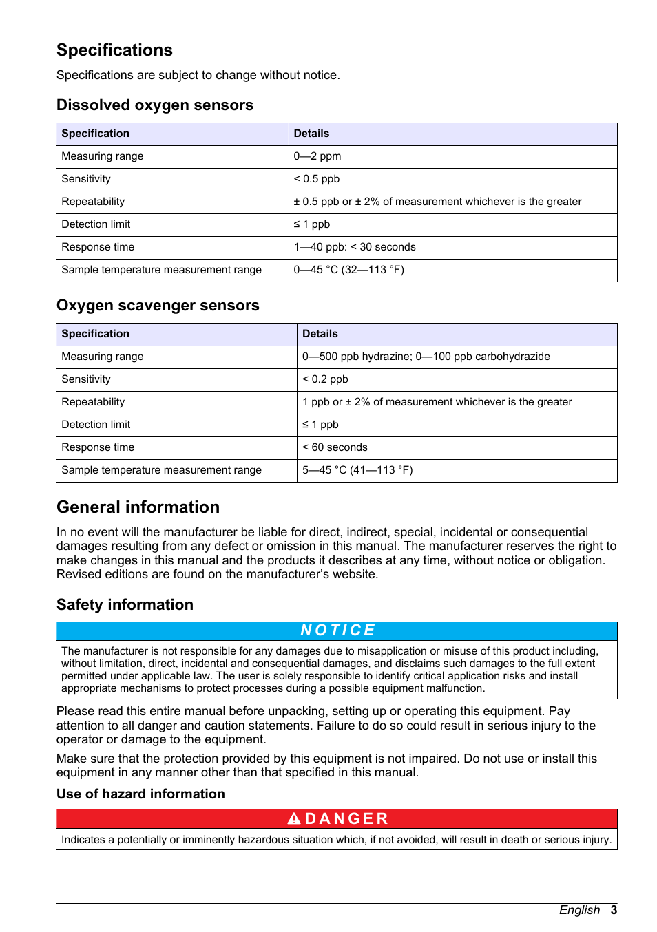 User manual, Specifications, Dissolved oxygen sensors | Oxygen scavenger sensors, General information, Safety information, Use of hazard information, English | Hach-Lange POLYMETRON 9500 Amperometry Module User Manual User Manual | Page 3 / 60