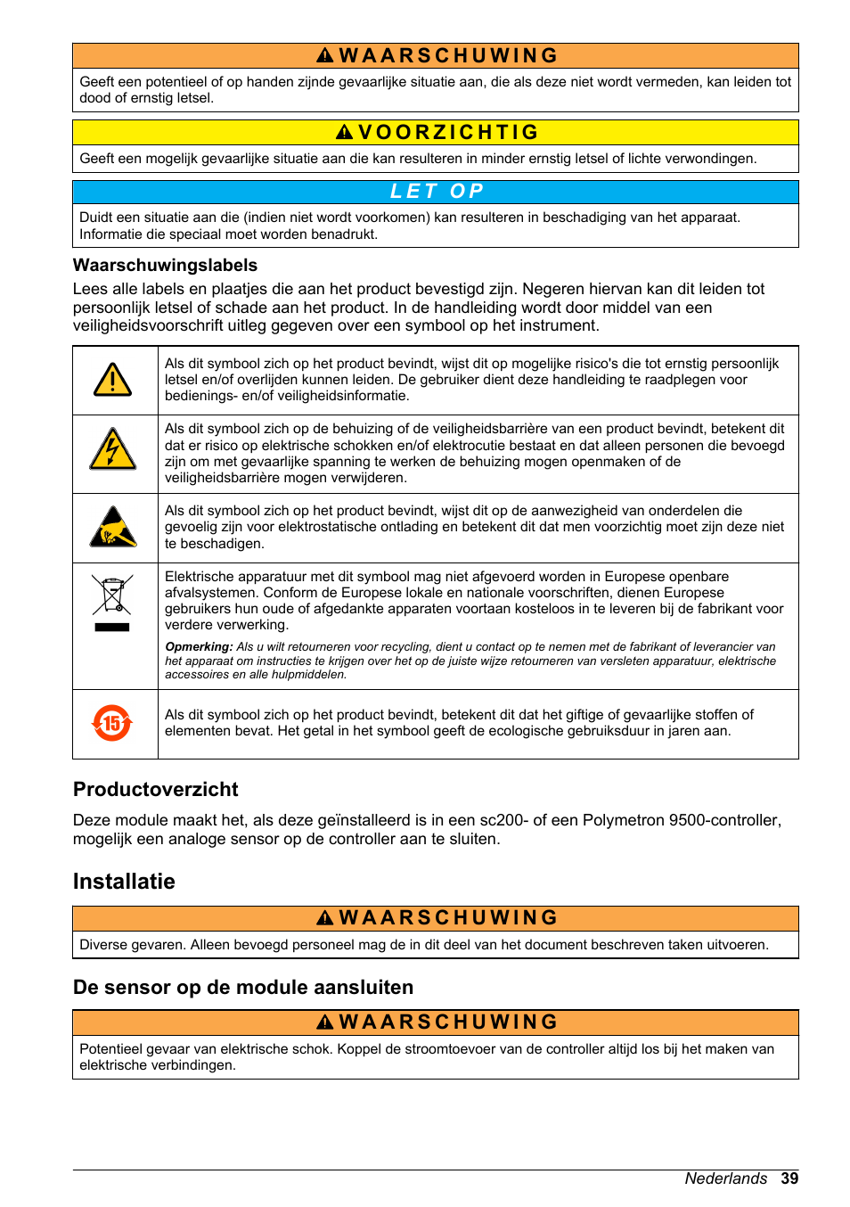 Waarschuwingslabels, Productoverzicht, Installatie | De sensor op de module aansluiten | Hach-Lange POLYMETRON 9500 Amperometry Module User Manual User Manual | Page 39 / 60