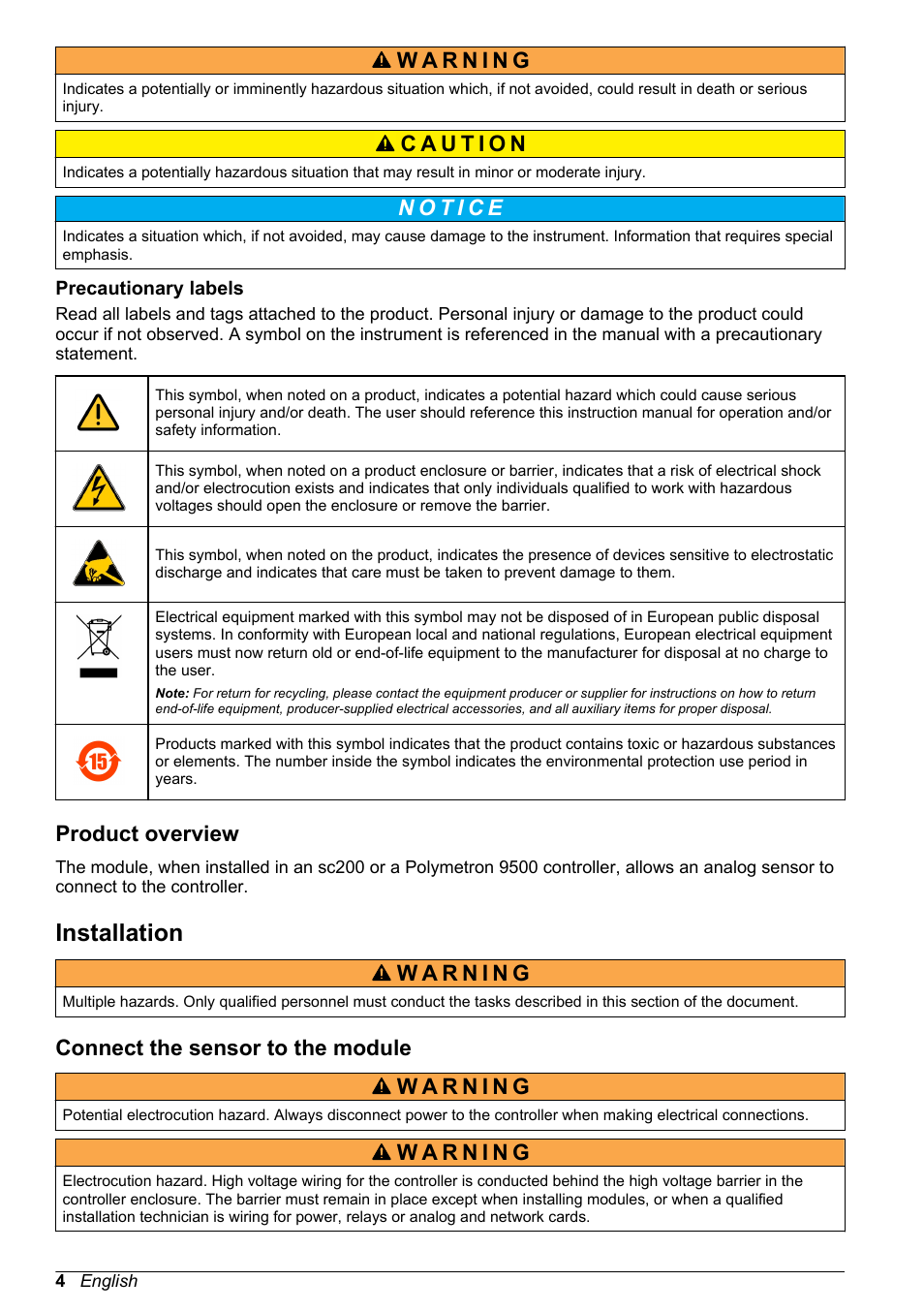 Precautionary labels, Product overview, Installation | Connect the sensor to the module | Hach-Lange POLYMETRON 9500 Amperometry Module User Manual User Manual | Page 4 / 60