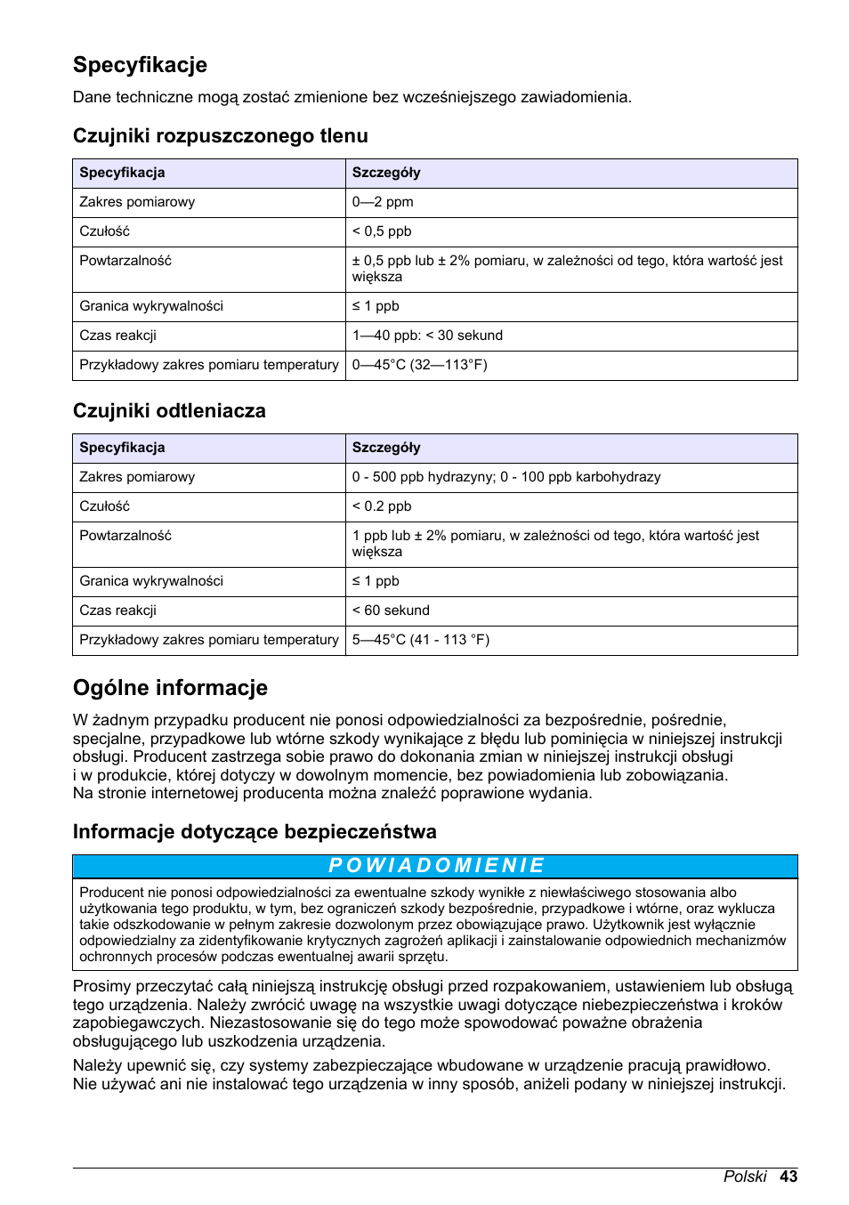 Instrukcja obsługi, Specyfikacje, Czujniki rozpuszczonego tlenu | Czujniki odtleniacza, Ogólne informacje, Informacje dotyczące bezpieczeństwa, Polski | Hach-Lange POLYMETRON 9500 Amperometry Module User Manual User Manual | Page 43 / 60
