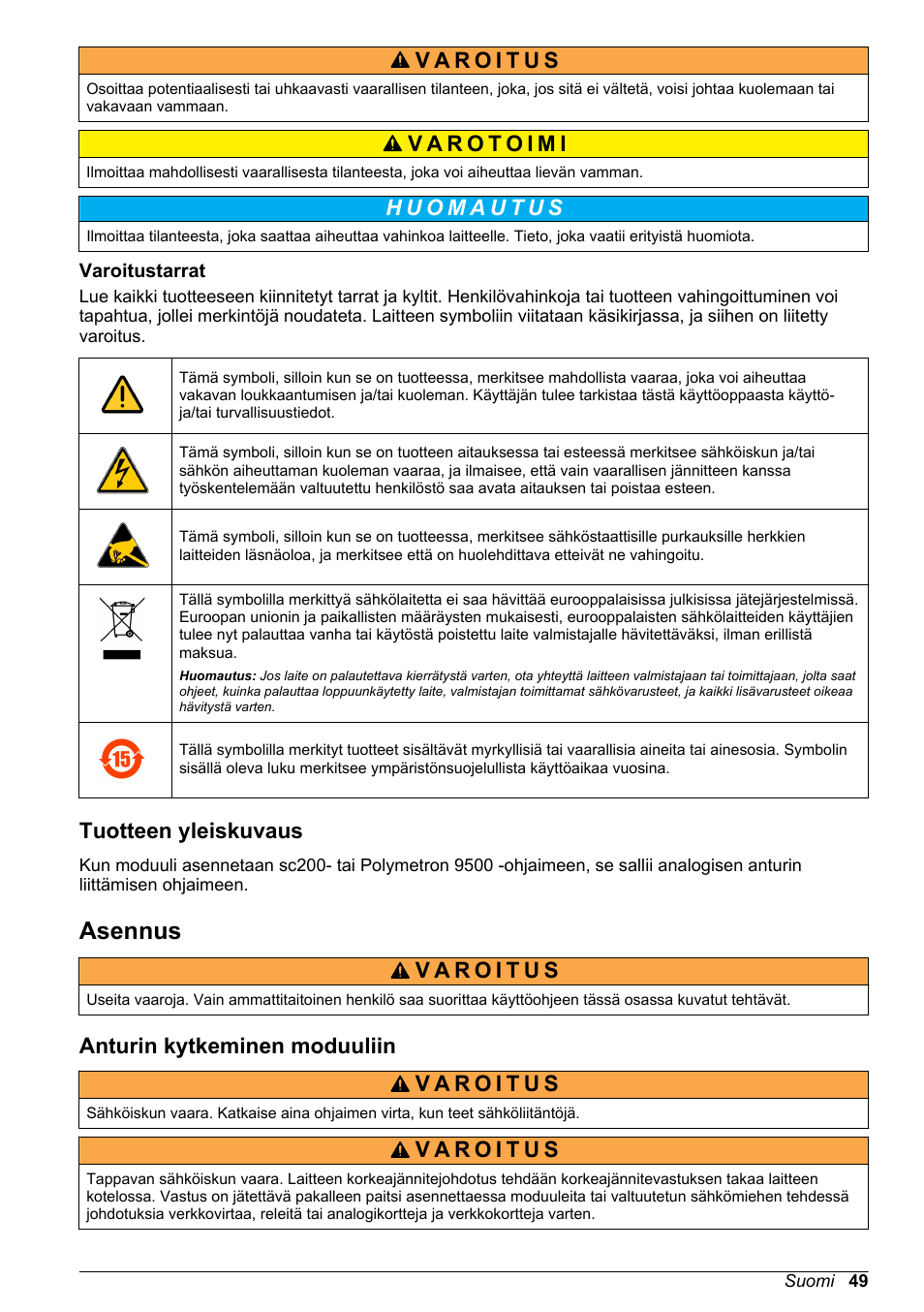 Varoitustarrat, Tuotteen yleiskuvaus, Asennus | Anturin kytkeminen moduuliin | Hach-Lange POLYMETRON 9500 Amperometry Module User Manual User Manual | Page 49 / 60