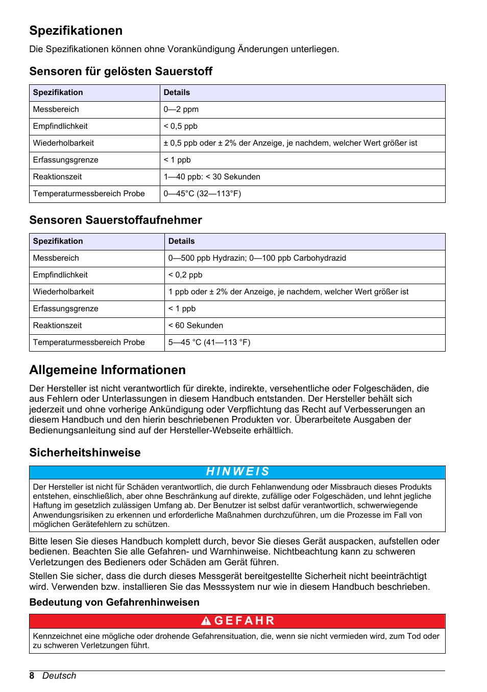 Benutzerhandbuch, Spezifikationen, Sensoren für gelösten sauerstoff | Sensoren sauerstoffaufnehmer, Allgemeine informationen, Sicherheitshinweise, Bedeutung von gefahrenhinweisen, Deutsch | Hach-Lange POLYMETRON 9500 Amperometry Module User Manual User Manual | Page 8 / 60