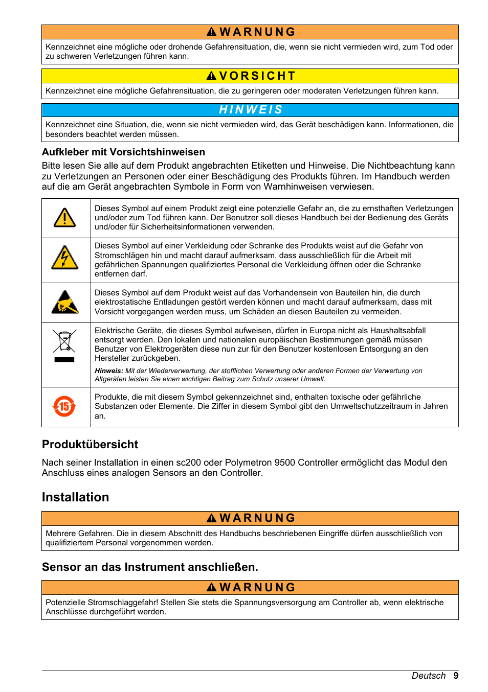 Aufkleber mit vorsichtshinweisen, Produktübersicht, Installation | Sensor an das instrument anschließen | Hach-Lange POLYMETRON 9500 Amperometry Module User Manual User Manual | Page 9 / 60