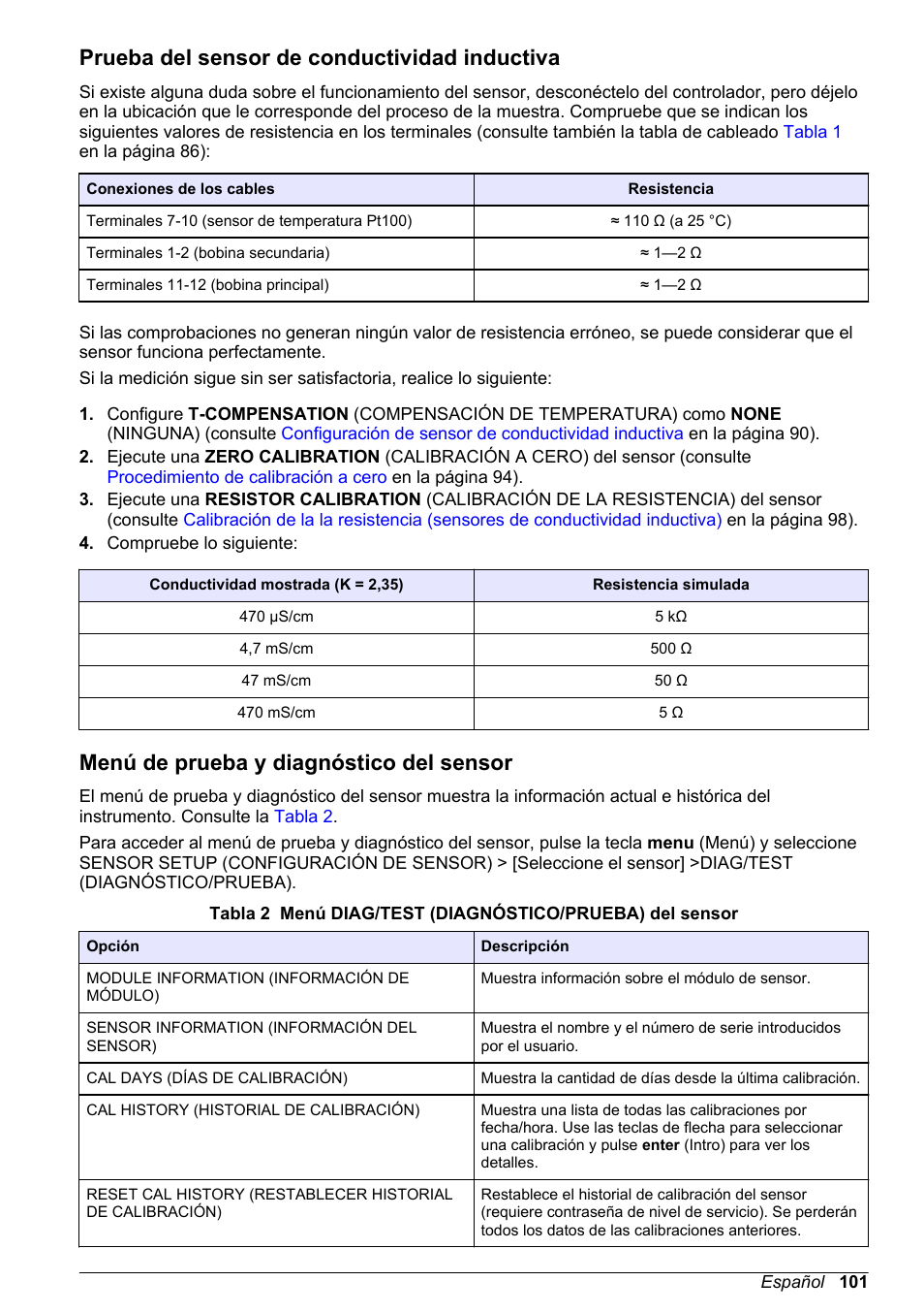 Prueba del sensor de conductividad inductiva, Menú de prueba y diagnóstico del sensor | Hach-Lange POLYMETRON 9500 Conductivity Module User Manual User Manual | Page 101 / 228
