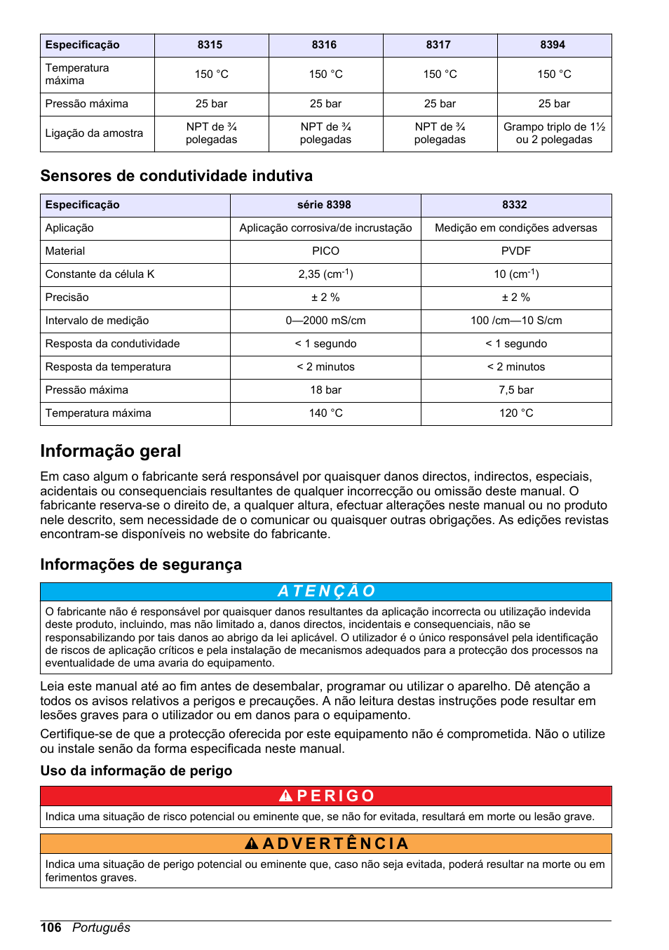 Sensores de condutividade indutiva, Informação geral, Informações de segurança | Uso da informação de perigo | Hach-Lange POLYMETRON 9500 Conductivity Module User Manual User Manual | Page 106 / 228