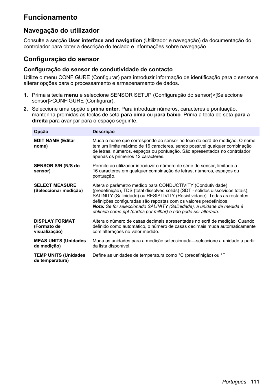 Funcionamento, Navegação do utilizador, Configuração do sensor | Hach-Lange POLYMETRON 9500 Conductivity Module User Manual User Manual | Page 111 / 228