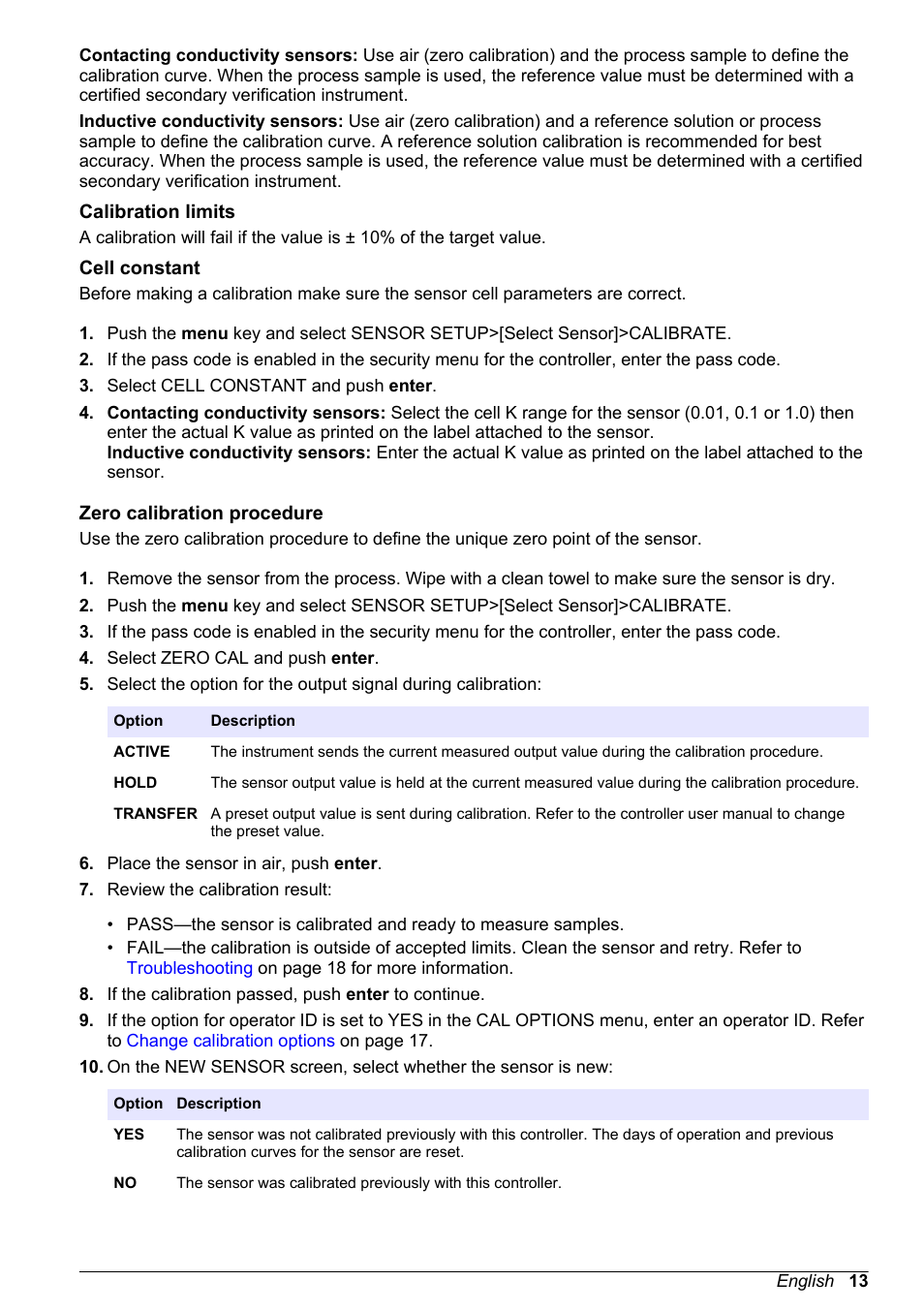 Calibration limits, Cell constant, Zero calibration procedure | Hach-Lange POLYMETRON 9500 Conductivity Module User Manual User Manual | Page 13 / 228