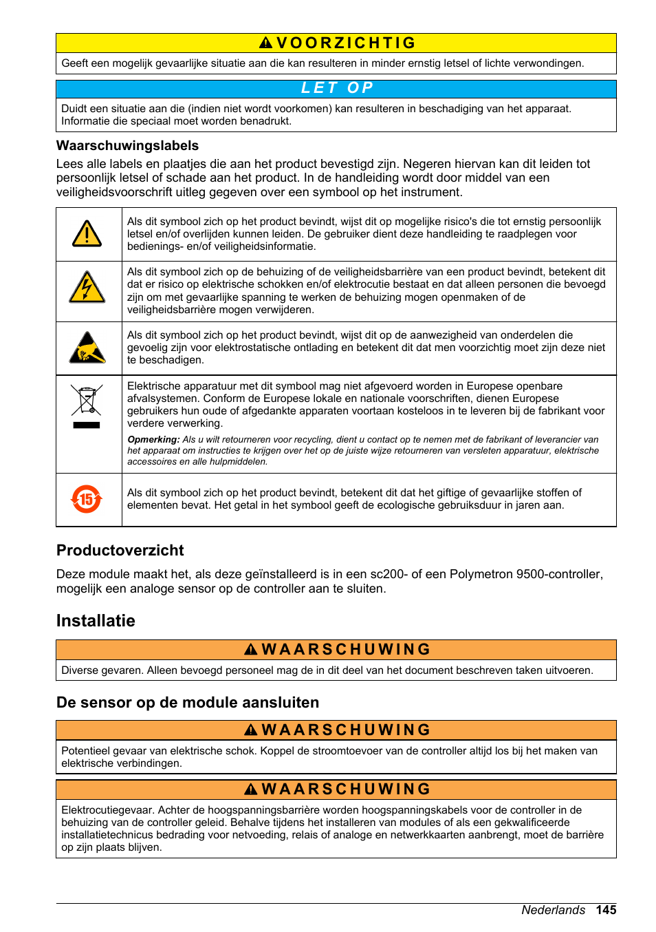 Waarschuwingslabels, Productoverzicht, Installatie | De sensor op de module aansluiten | Hach-Lange POLYMETRON 9500 Conductivity Module User Manual User Manual | Page 145 / 228
