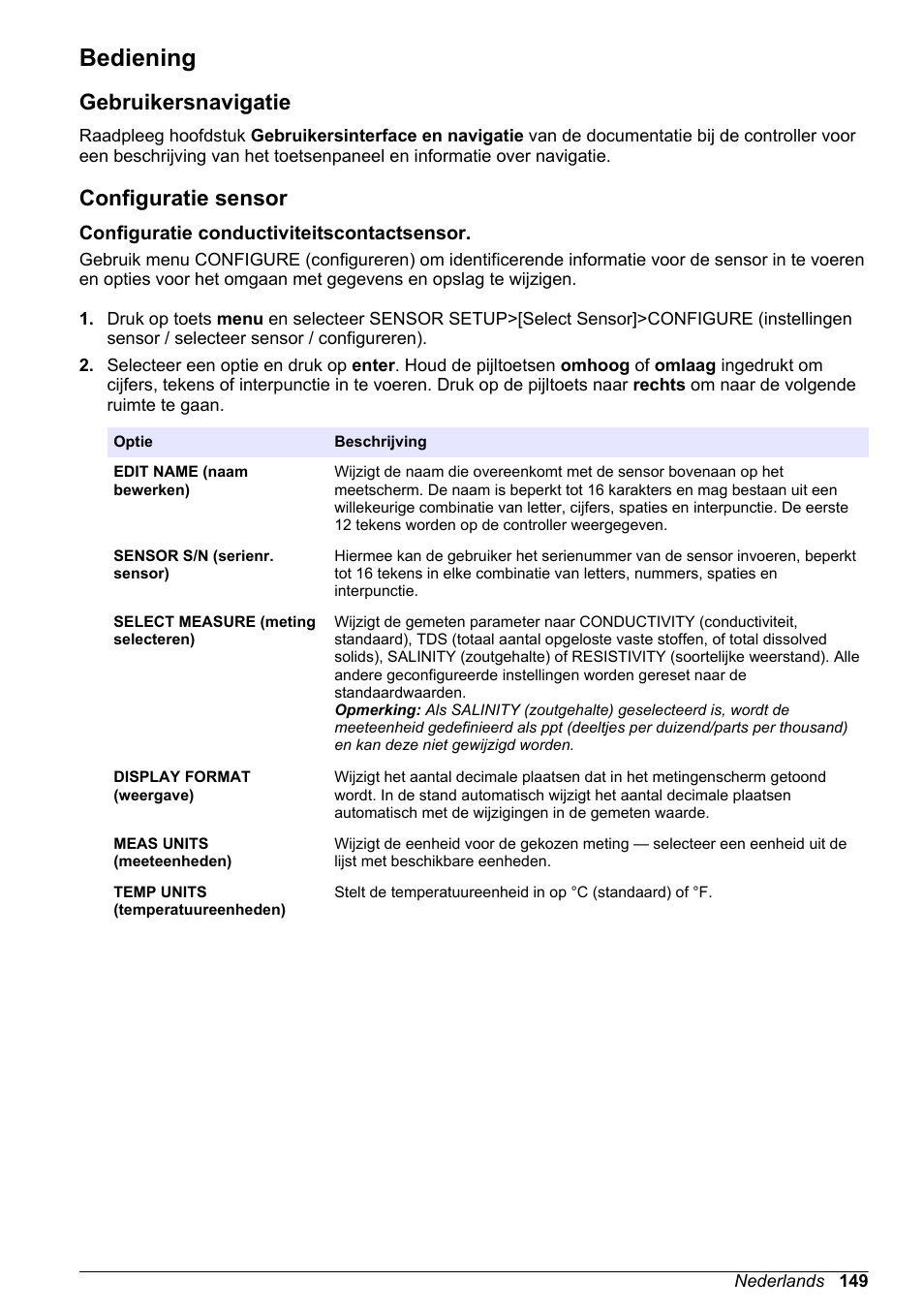 Bediening, Gebruikersnavigatie, Configuratie sensor | Configuratie conductiviteitscontactsensor | Hach-Lange POLYMETRON 9500 Conductivity Module User Manual User Manual | Page 149 / 228