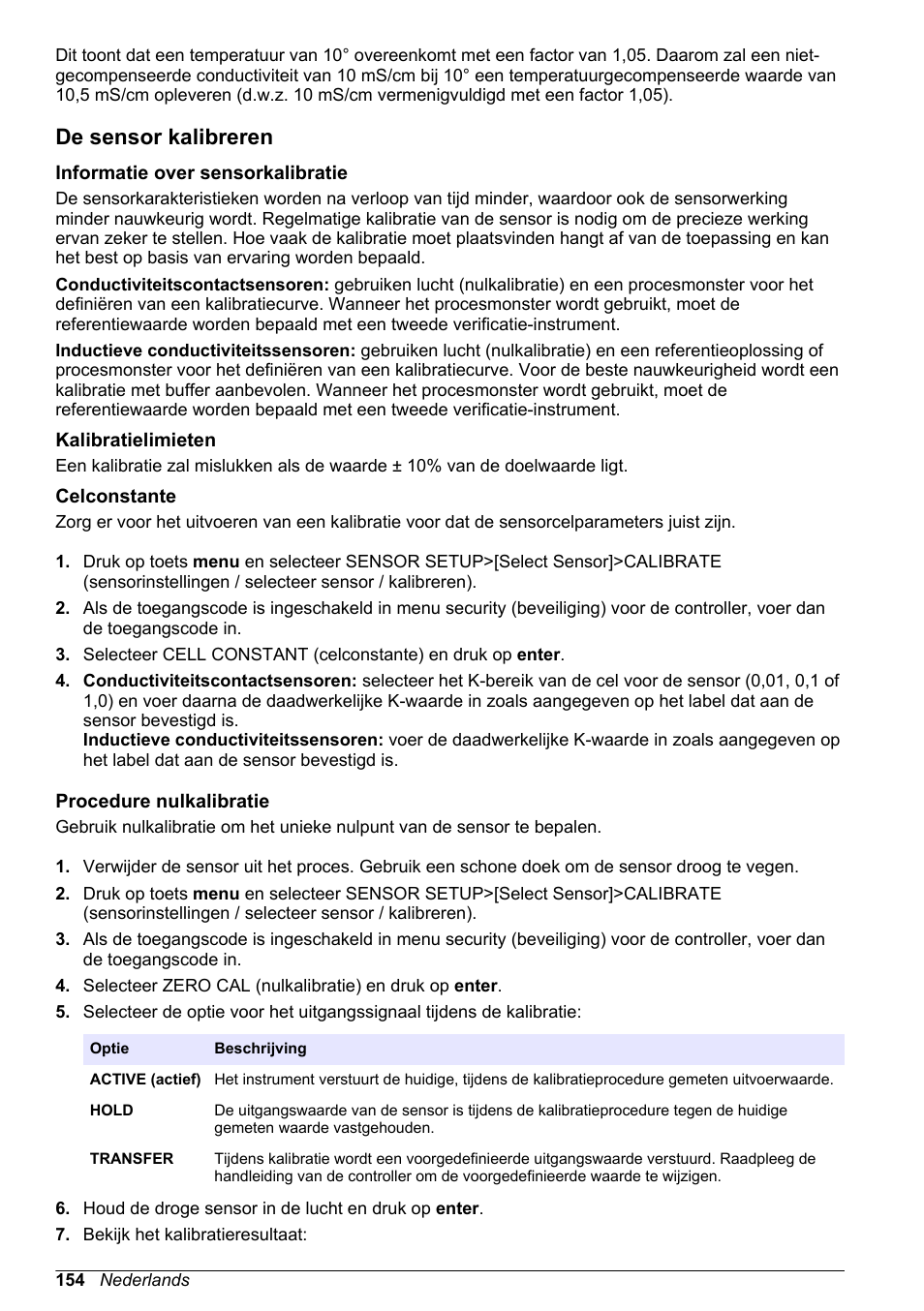De sensor kalibreren, Informatie over sensorkalibratie, Kalibratielimieten | Celconstante, Procedure nulkalibratie | Hach-Lange POLYMETRON 9500 Conductivity Module User Manual User Manual | Page 154 / 228