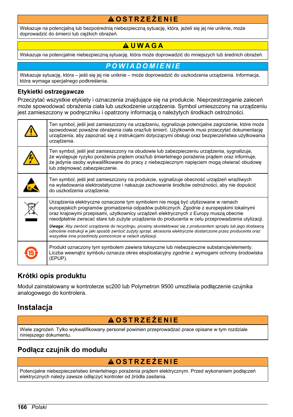 Etykietki ostrzegawcze, Krótki opis produktu, Instalacja | Podłącz czujnik do modułu | Hach-Lange POLYMETRON 9500 Conductivity Module User Manual User Manual | Page 166 / 228