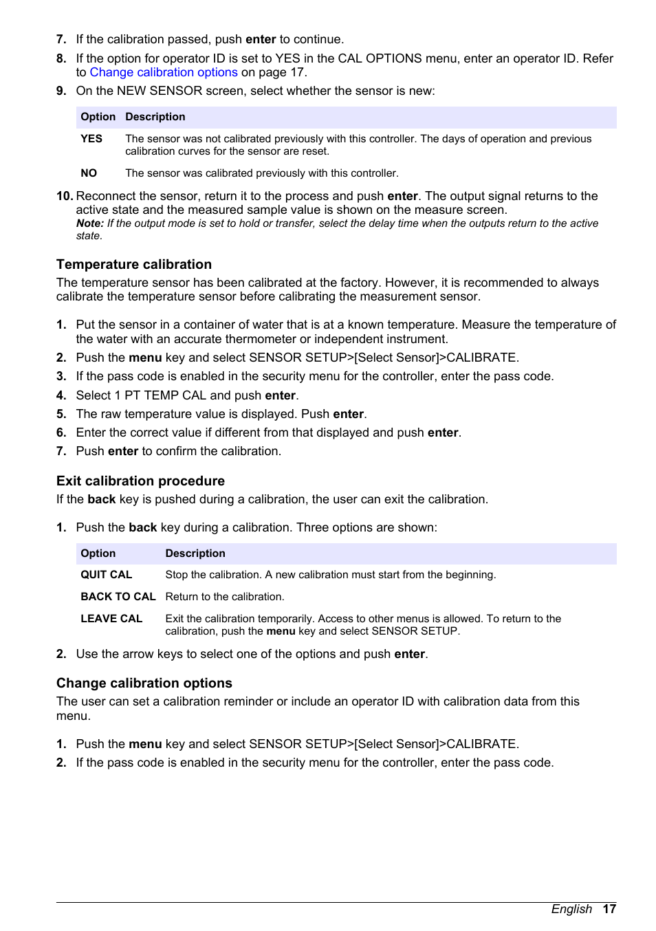 Temperature calibration, Exit calibration procedure, Change calibration options | Hach-Lange POLYMETRON 9500 Conductivity Module User Manual User Manual | Page 17 / 228