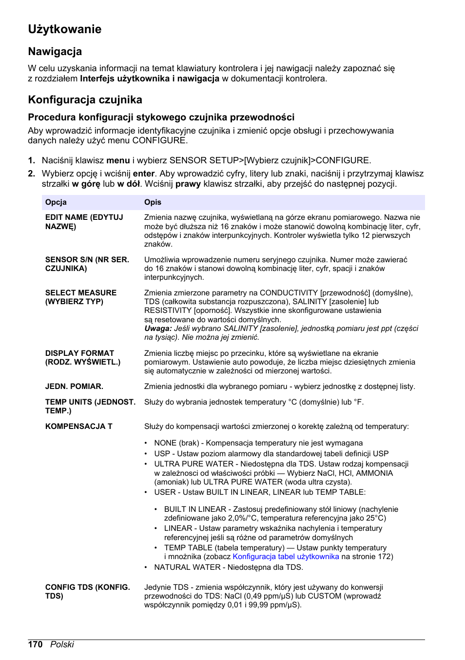Użytkowanie, Nawigacja, Konfiguracja czujnika | Hach-Lange POLYMETRON 9500 Conductivity Module User Manual User Manual | Page 170 / 228