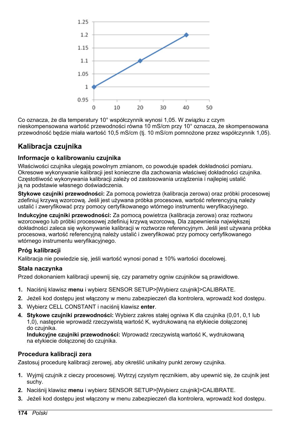 Kalibracja czujnika, Informacje o kalibrowaniu czujnika, Próg kalibracji | Stała naczynka, Procedura kalibracji zera | Hach-Lange POLYMETRON 9500 Conductivity Module User Manual User Manual | Page 174 / 228