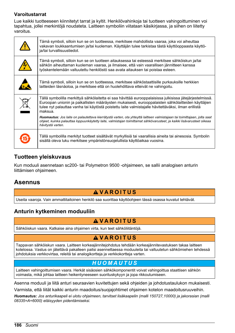 Varoitustarrat, Tuotteen yleiskuvaus, Asennus | Anturin kytkeminen moduuliin | Hach-Lange POLYMETRON 9500 Conductivity Module User Manual User Manual | Page 186 / 228