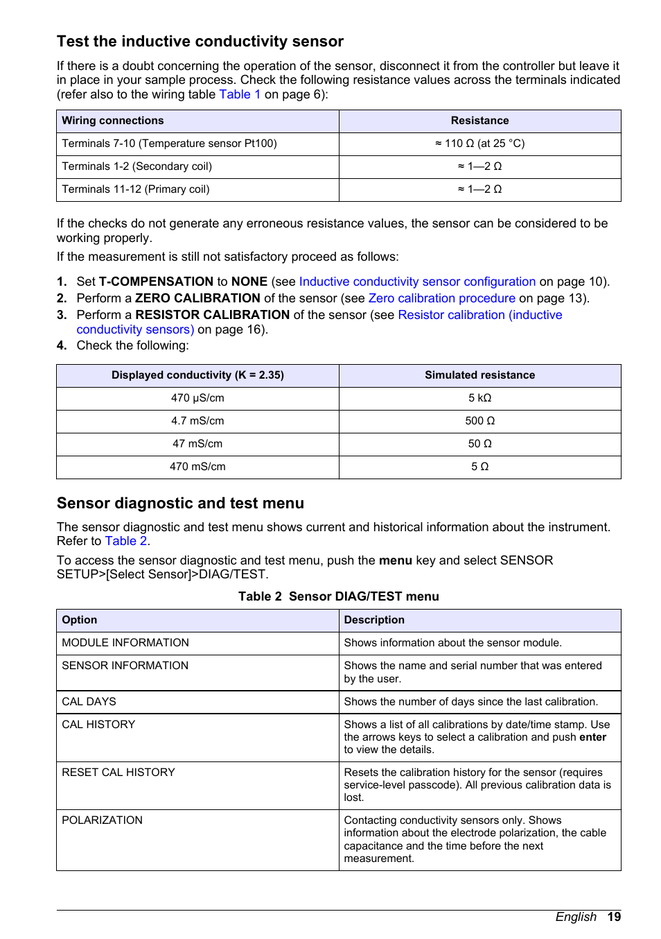 Test the inductive conductivity sensor, Sensor diagnostic and test menu | Hach-Lange POLYMETRON 9500 Conductivity Module User Manual User Manual | Page 19 / 228