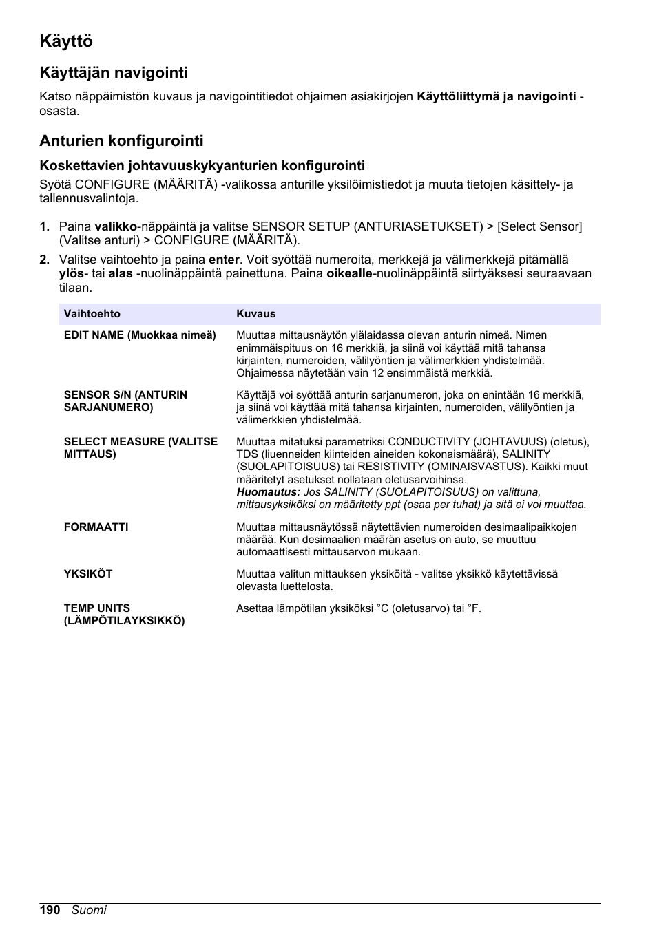 Käyttö, Käyttäjän navigointi, Anturien konfigurointi | Koskettavien johtavuuskykyanturien konfigurointi | Hach-Lange POLYMETRON 9500 Conductivity Module User Manual User Manual | Page 190 / 228