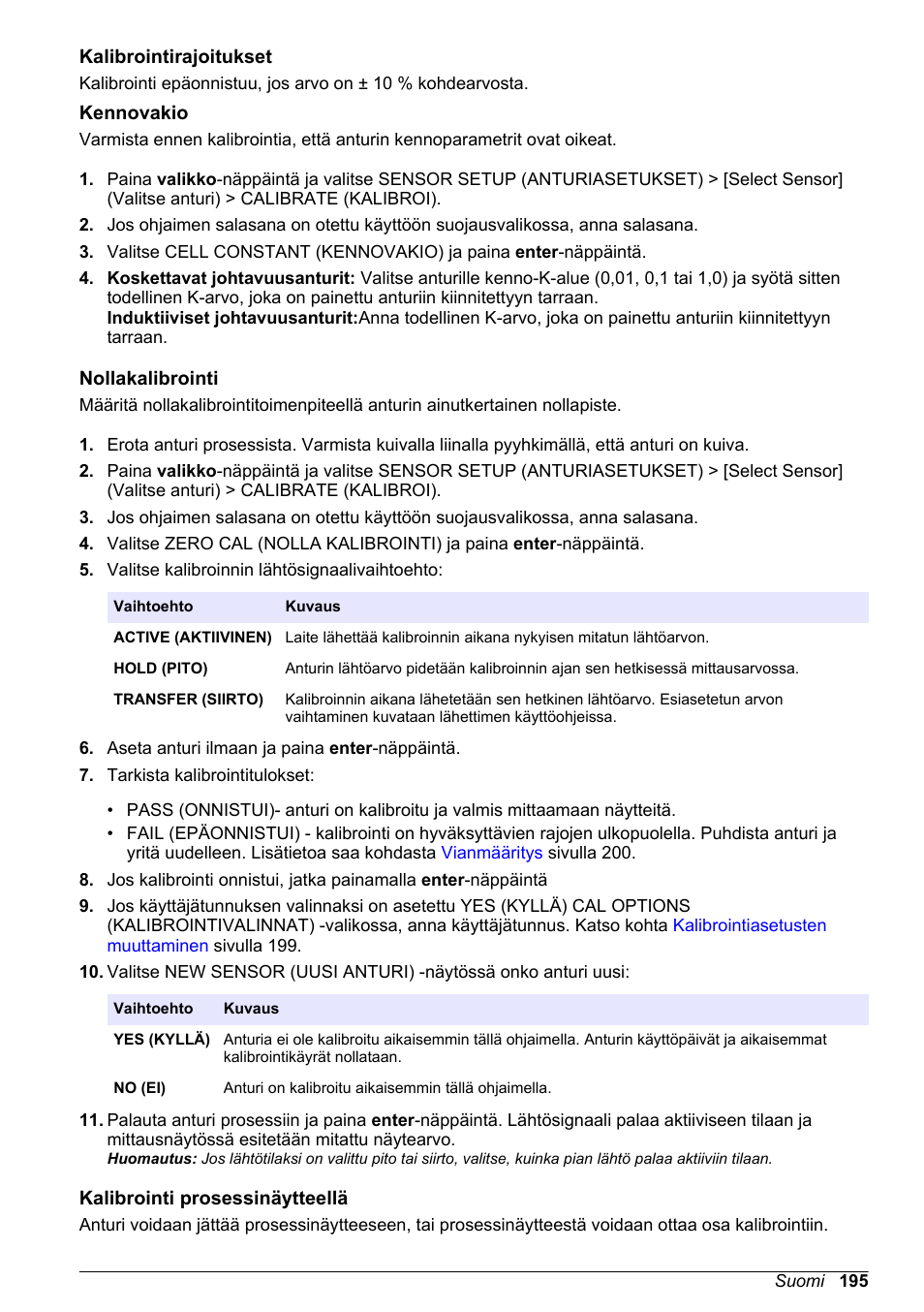 Kalibrointirajoitukset, Kennovakio, Nollakalibrointi | Kalibrointi prosessinäytteellä | Hach-Lange POLYMETRON 9500 Conductivity Module User Manual User Manual | Page 195 / 228