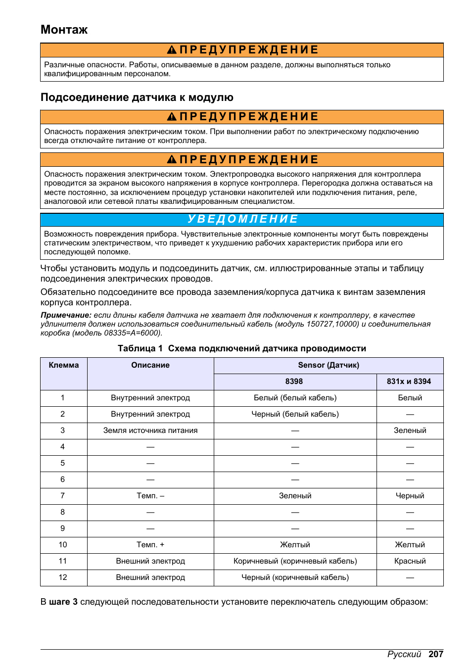 Монтаж, Подсоединение датчика к модулю | Hach-Lange POLYMETRON 9500 Conductivity Module User Manual User Manual | Page 207 / 228