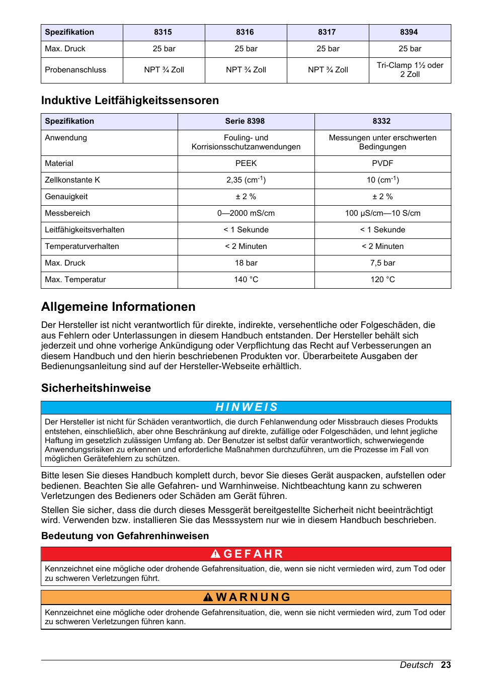 Induktive leitfähigkeitssensoren, Allgemeine informationen, Sicherheitshinweise | Bedeutung von gefahrenhinweisen | Hach-Lange POLYMETRON 9500 Conductivity Module User Manual User Manual | Page 23 / 228