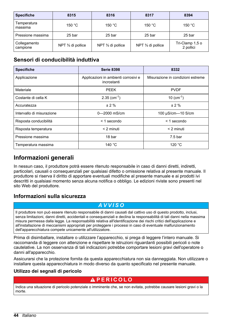 Sensori di conducibilità induttiva, Informazioni generali, Informazioni sulla sicurezza | Utilizzo dei segnali di pericolo | Hach-Lange POLYMETRON 9500 Conductivity Module User Manual User Manual | Page 44 / 228