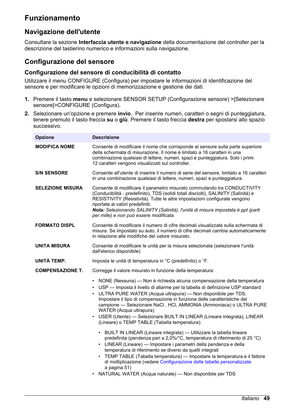 Funzionamento, Navigazione dell'utente, Configurazione del sensore | Hach-Lange POLYMETRON 9500 Conductivity Module User Manual User Manual | Page 49 / 228