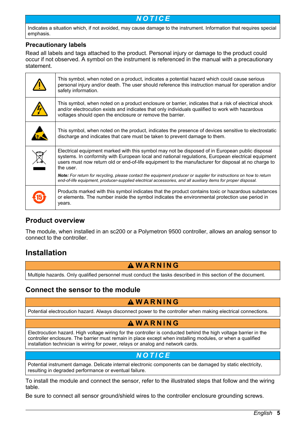 Precautionary labels, Product overview, Installation | Connect the sensor to the module | Hach-Lange POLYMETRON 9500 Conductivity Module User Manual User Manual | Page 5 / 228