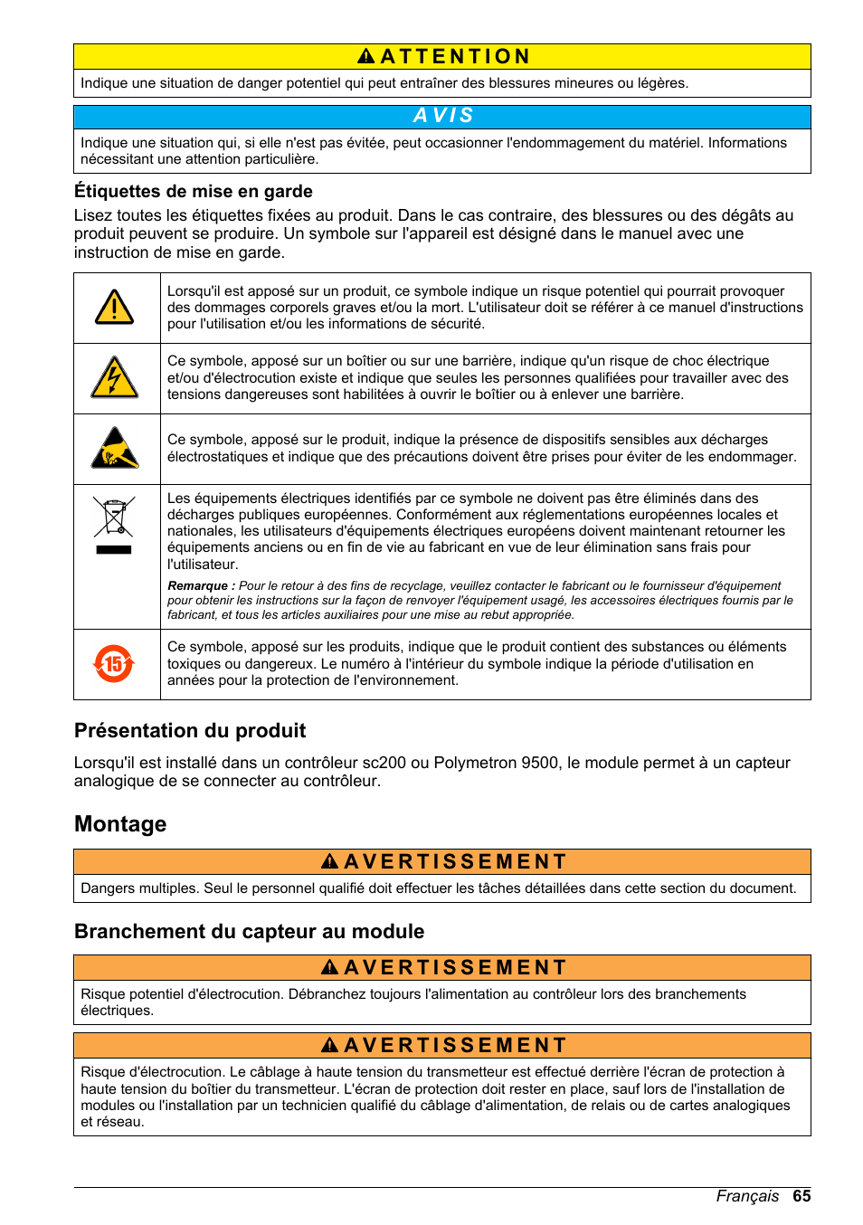 Étiquettes de mise en garde, Présentation du produit, Montage | Branchement du capteur au module, A v i s | Hach-Lange POLYMETRON 9500 Conductivity Module User Manual User Manual | Page 65 / 228