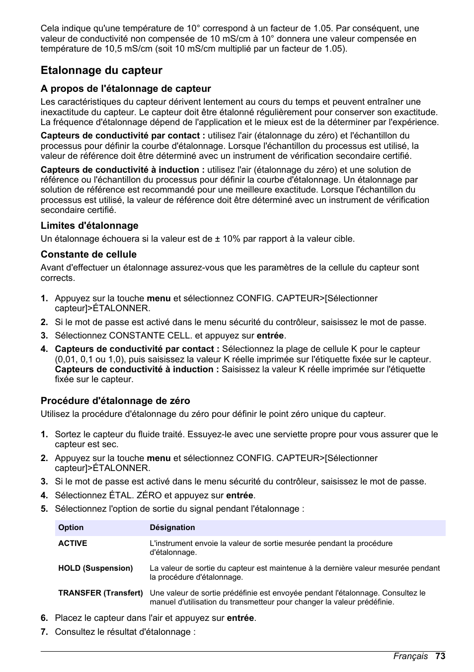 Etalonnage du capteur, A propos de l'étalonnage de capteur, Limites d'étalonnage | Constante de cellule, Procédure d'étalonnage de zéro | Hach-Lange POLYMETRON 9500 Conductivity Module User Manual User Manual | Page 73 / 228