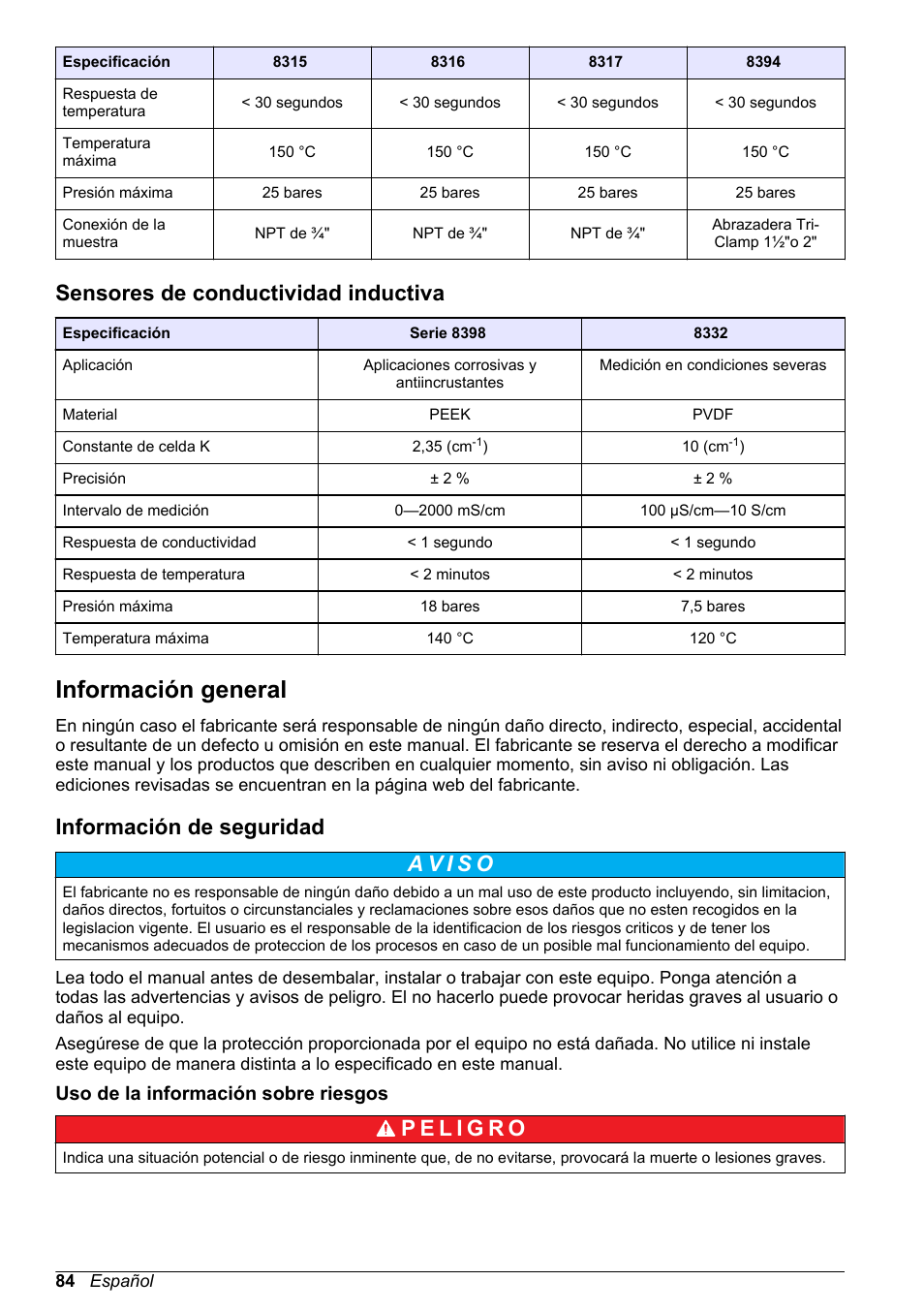 Sensores de conductividad inductiva, Información general, Información de seguridad | Uso de la información sobre riesgos | Hach-Lange POLYMETRON 9500 Conductivity Module User Manual User Manual | Page 84 / 228