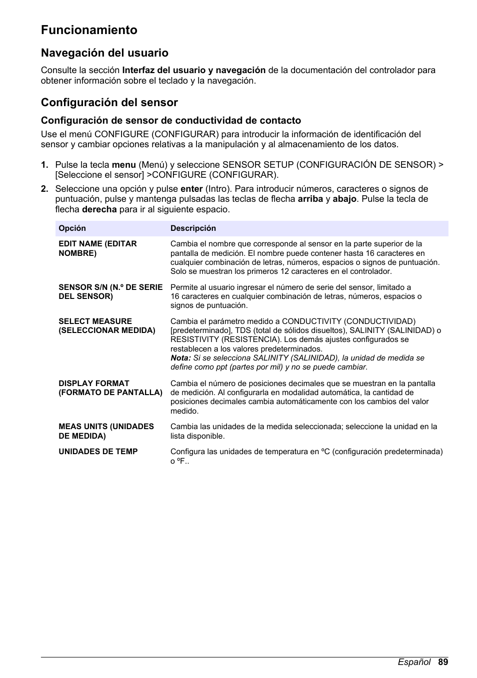 Funcionamiento, Navegación del usuario, Configuración del sensor | Hach-Lange POLYMETRON 9500 Conductivity Module User Manual User Manual | Page 89 / 228