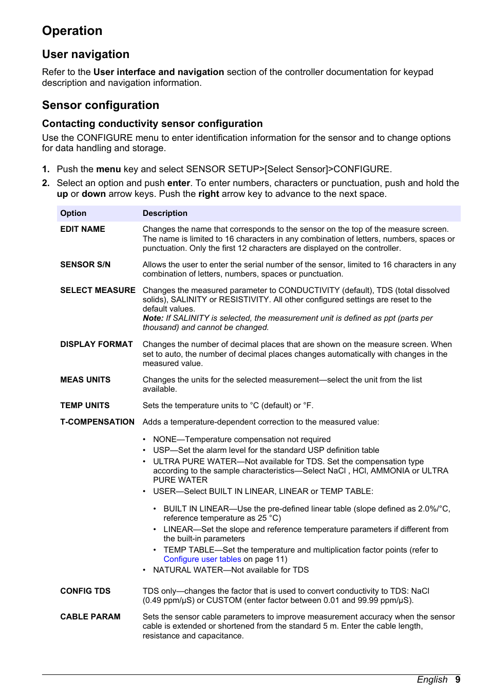 Operation, User navigation, Sensor configuration | Contacting conductivity sensor configuration | Hach-Lange POLYMETRON 9500 Conductivity Module User Manual User Manual | Page 9 / 228