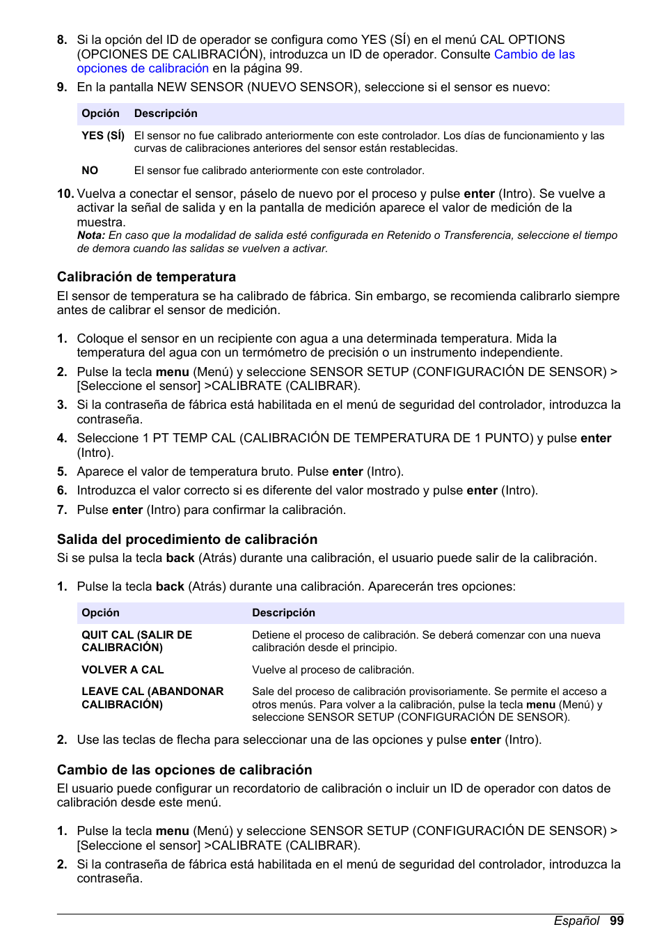 Calibración de temperatura, Salida del procedimiento de calibración, Cambio de las opciones de calibración | Cambio de las, Opciones de calibración | Hach-Lange POLYMETRON 9500 Conductivity Module User Manual User Manual | Page 99 / 228