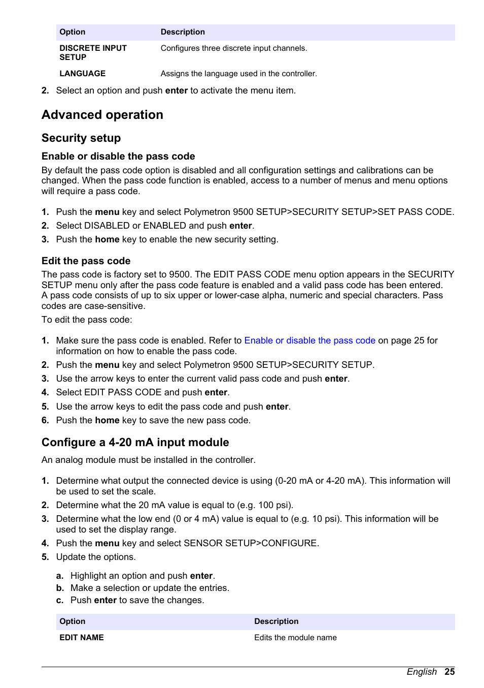 Advanced operation, Security setup, Enable or disable the pass code | Edit the pass code, Configure a 4-20 ma input module, Enable or disable the pass code edit the pass code | Hach-Lange POLYMETRON 9500 User Manual User Manual | Page 27 / 52