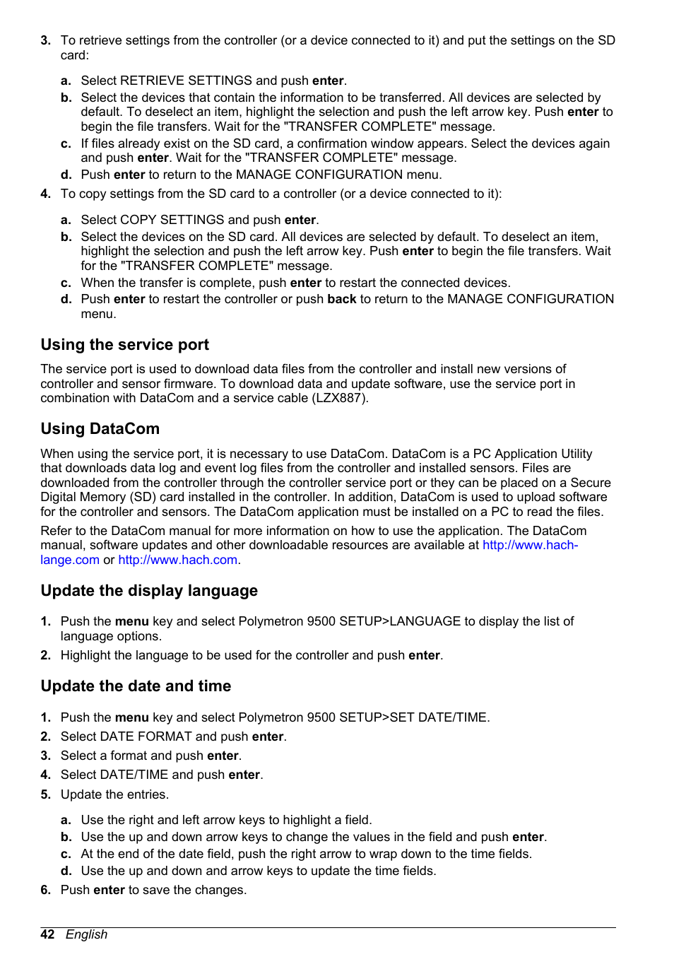 Using the service port, Using datacom, Update the display language | Update the date and time | Hach-Lange POLYMETRON 9500 User Manual User Manual | Page 44 / 52