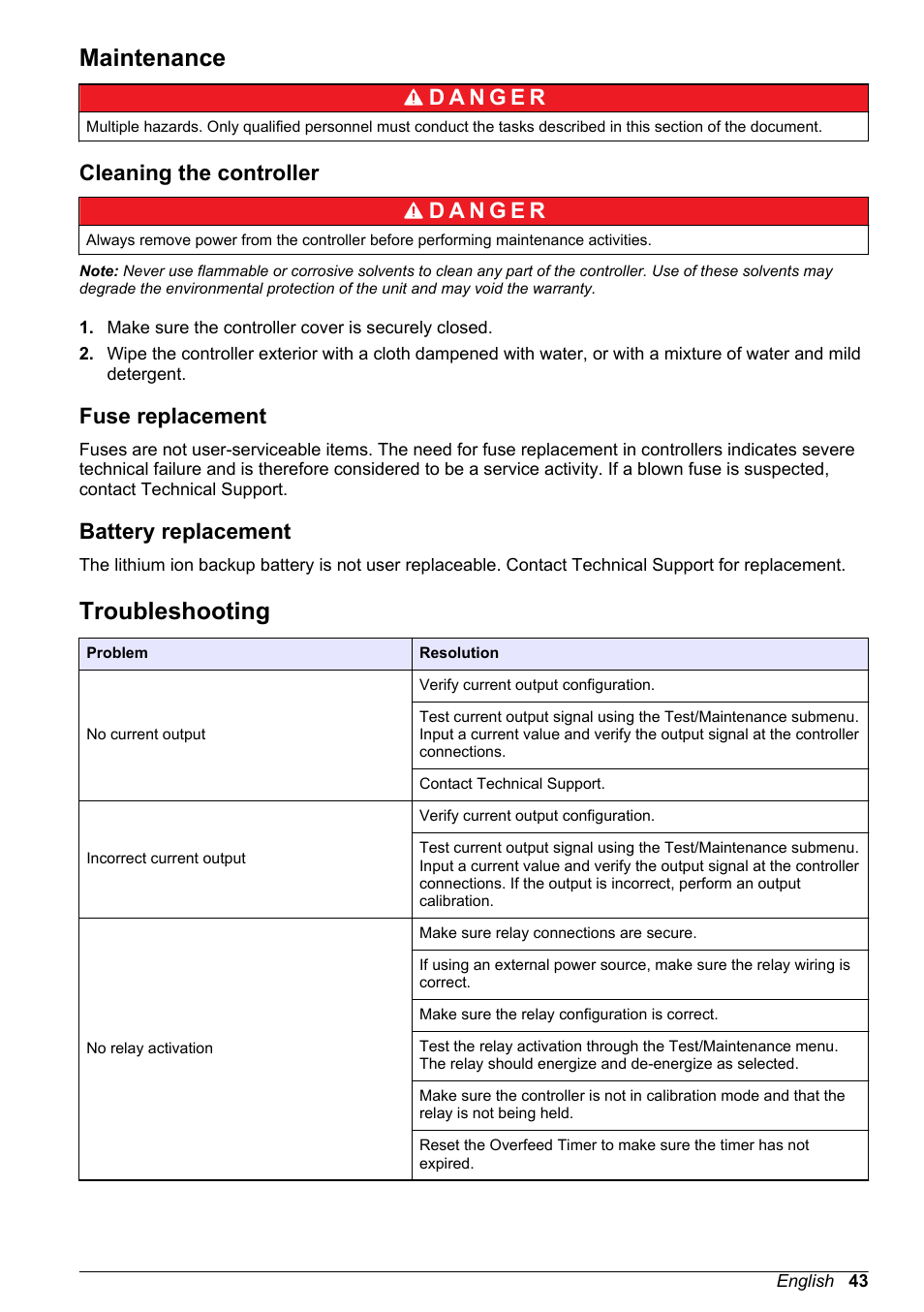 Maintenance, Cleaning the controller, Fuse replacement | Battery replacement, Troubleshooting | Hach-Lange POLYMETRON 9500 User Manual User Manual | Page 45 / 52