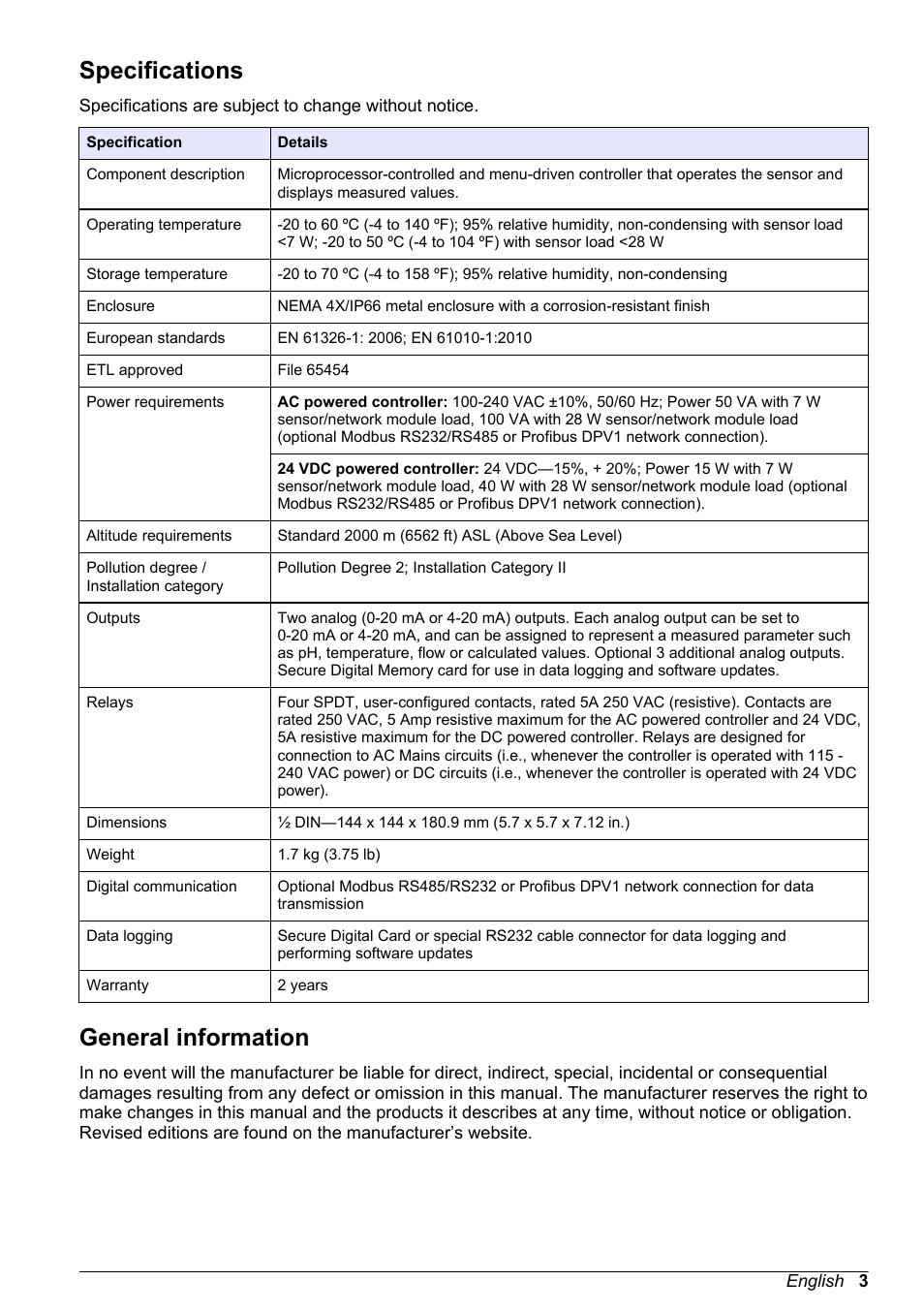 Specifications, General information | Hach-Lange POLYMETRON 9500 User Manual User Manual | Page 5 / 52