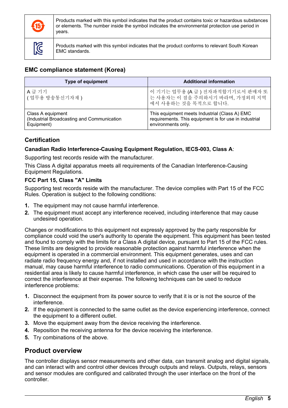 Emc compliance statement (korea), Certification, Product overview | Emc compliance statement (korea) certification | Hach-Lange POLYMETRON 9500 User Manual User Manual | Page 7 / 52
