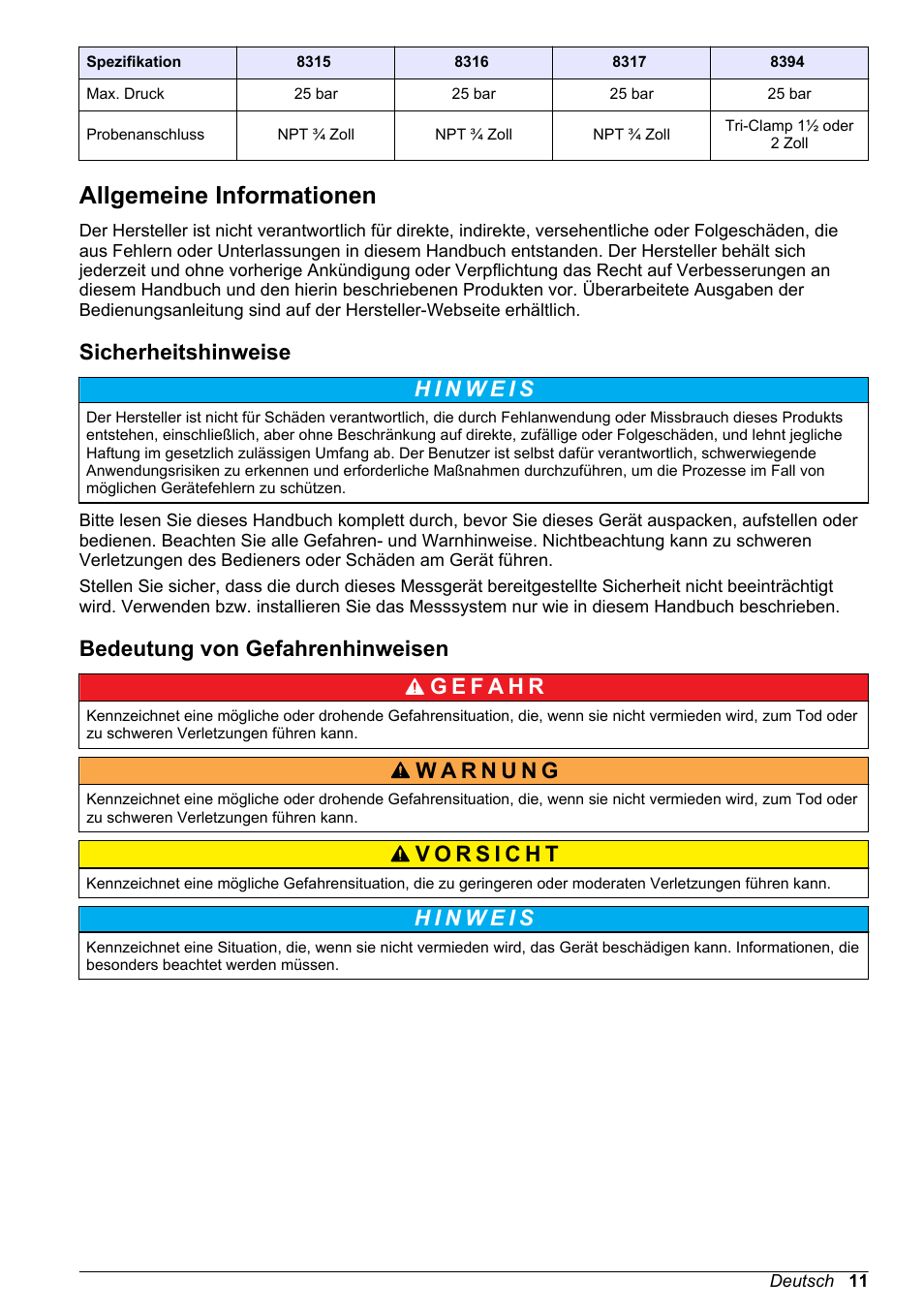 Allgemeine informationen, Sicherheitshinweise, Bedeutung von gefahrenhinweisen | Hach-Lange POLYMETRON 9500 Contacting Conductivity Sensors User Manual User Manual | Page 11 / 82