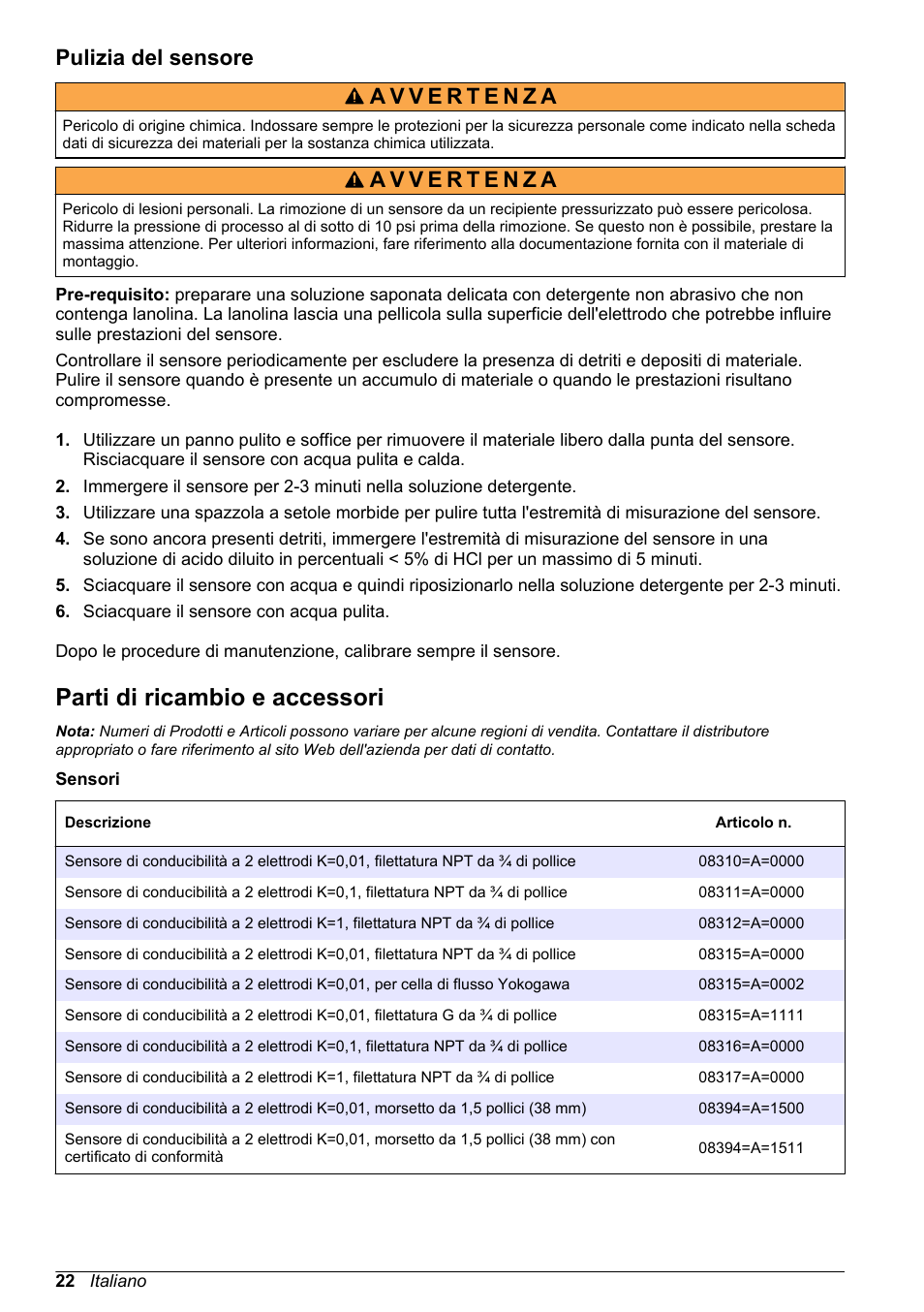 Pulizia del sensore, Parti di ricambio e accessori | Hach-Lange POLYMETRON 9500 Contacting Conductivity Sensors User Manual User Manual | Page 22 / 82