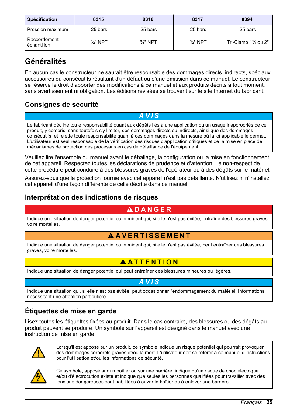 Généralités, Consignes de sécurité, Interprétation des indications de risques | Étiquettes de mise en garde, A v i s | Hach-Lange POLYMETRON 9500 Contacting Conductivity Sensors User Manual User Manual | Page 25 / 82
