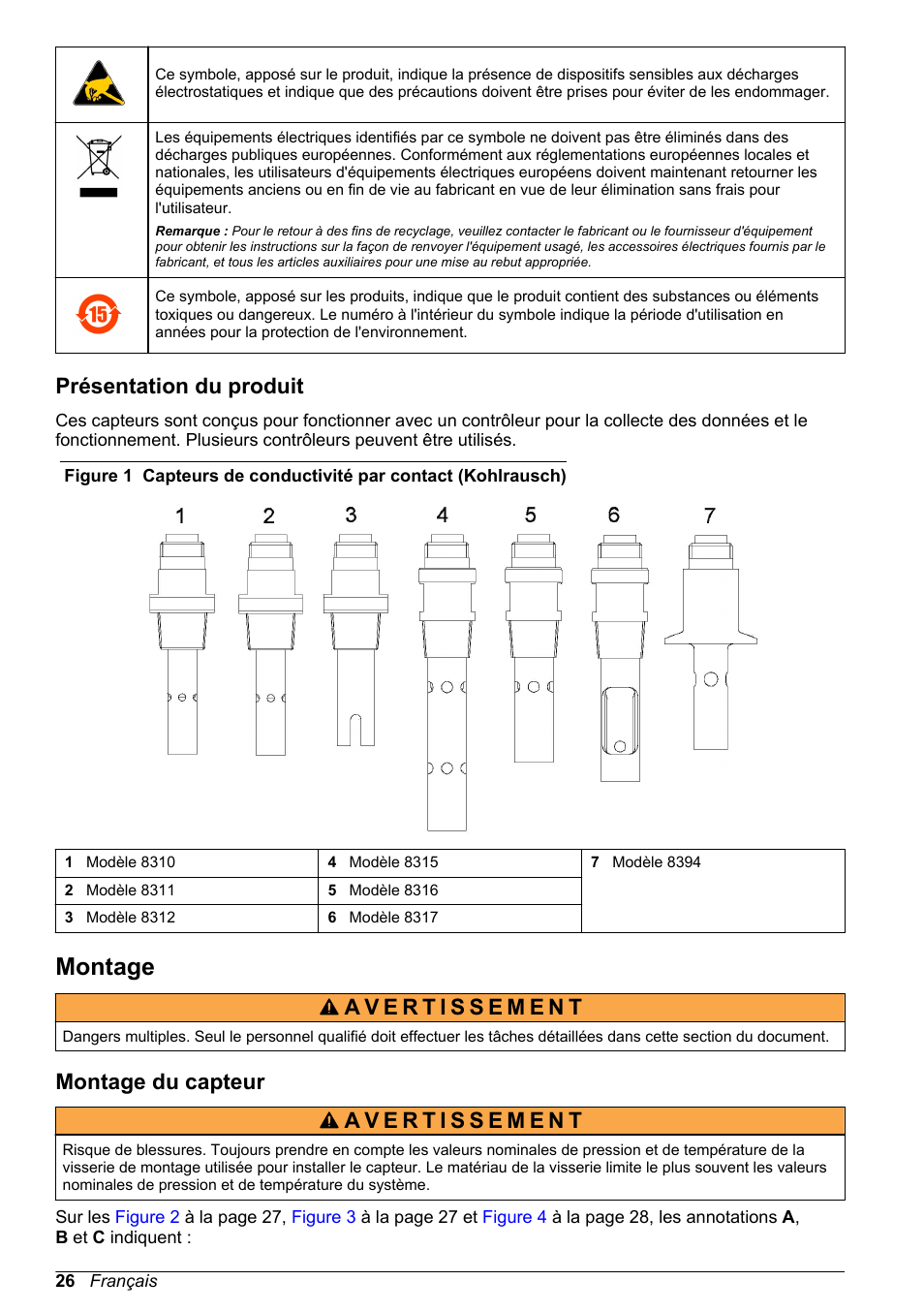 Présentation du produit, Montage, Montage du capteur | Hach-Lange POLYMETRON 9500 Contacting Conductivity Sensors User Manual User Manual | Page 26 / 82