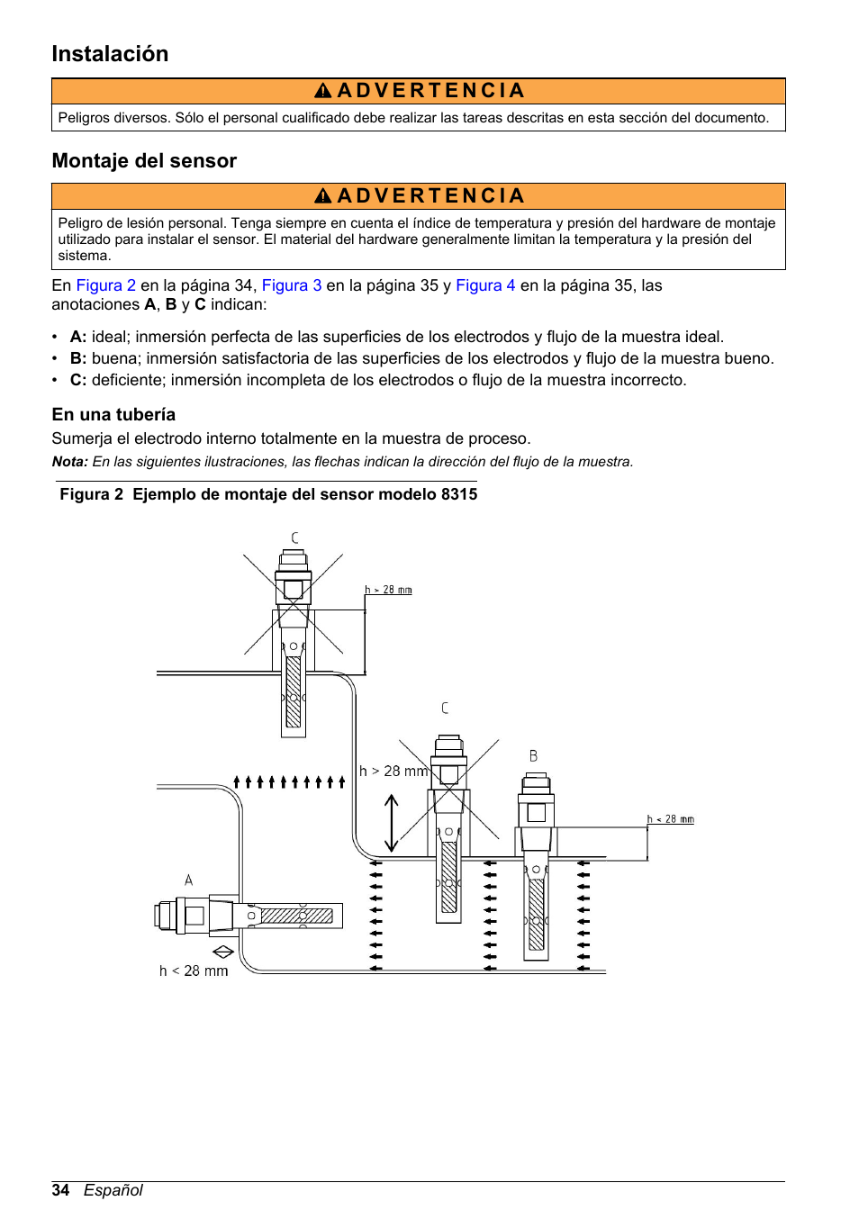 Instalación, Montaje del sensor, En una tubería | Hach-Lange POLYMETRON 9500 Contacting Conductivity Sensors User Manual User Manual | Page 34 / 82