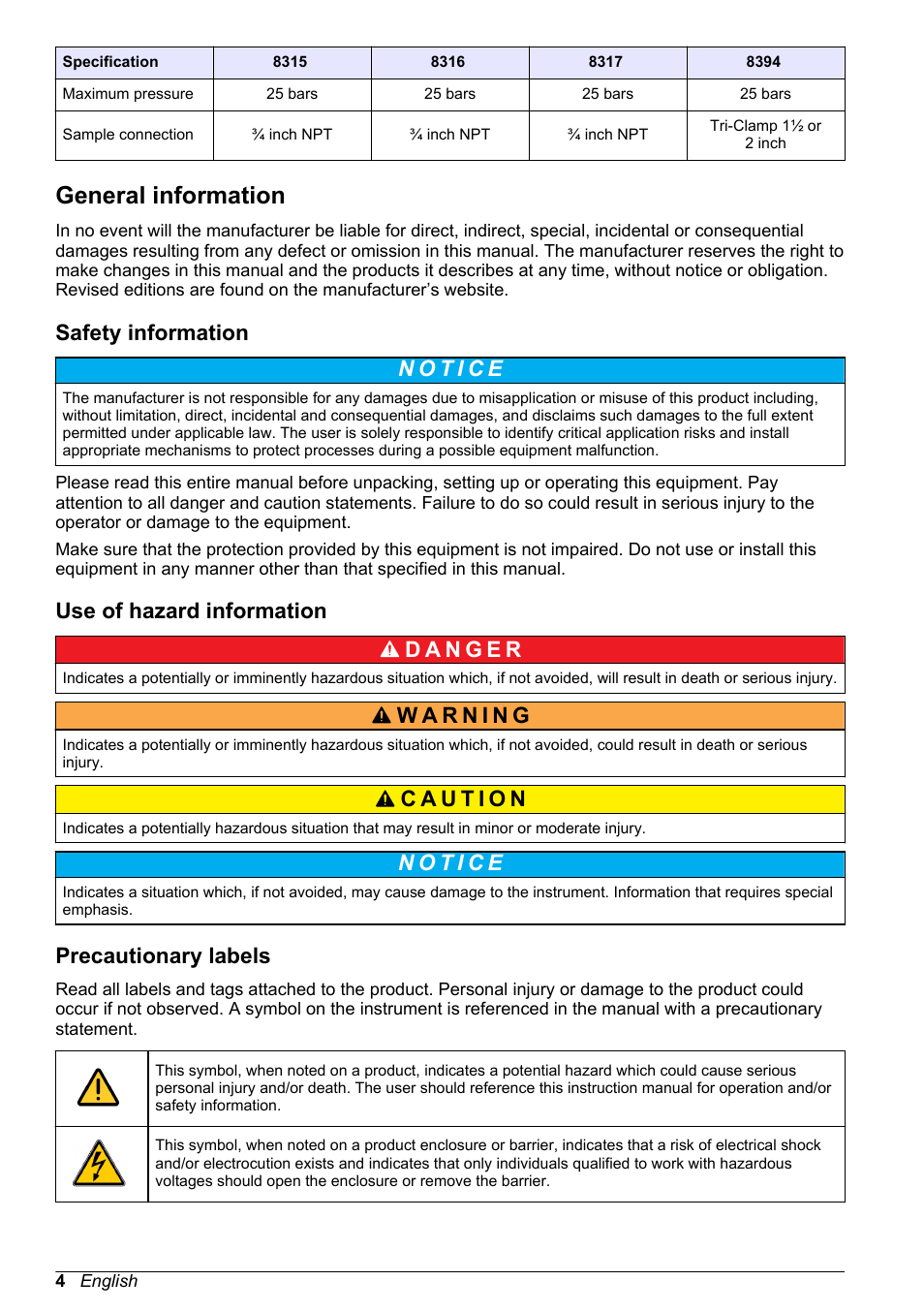 General information, Safety information, Use of hazard information | Precautionary labels | Hach-Lange POLYMETRON 9500 Contacting Conductivity Sensors User Manual User Manual | Page 4 / 82