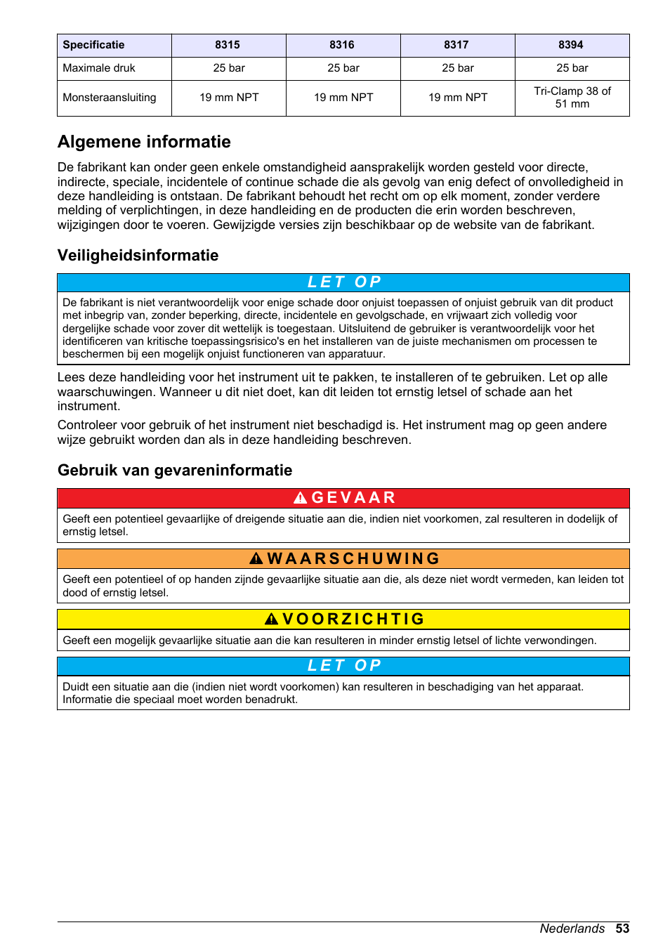 Algemene informatie, Veiligheidsinformatie, Gebruik van gevareninformatie | Hach-Lange POLYMETRON 9500 Contacting Conductivity Sensors User Manual User Manual | Page 53 / 82